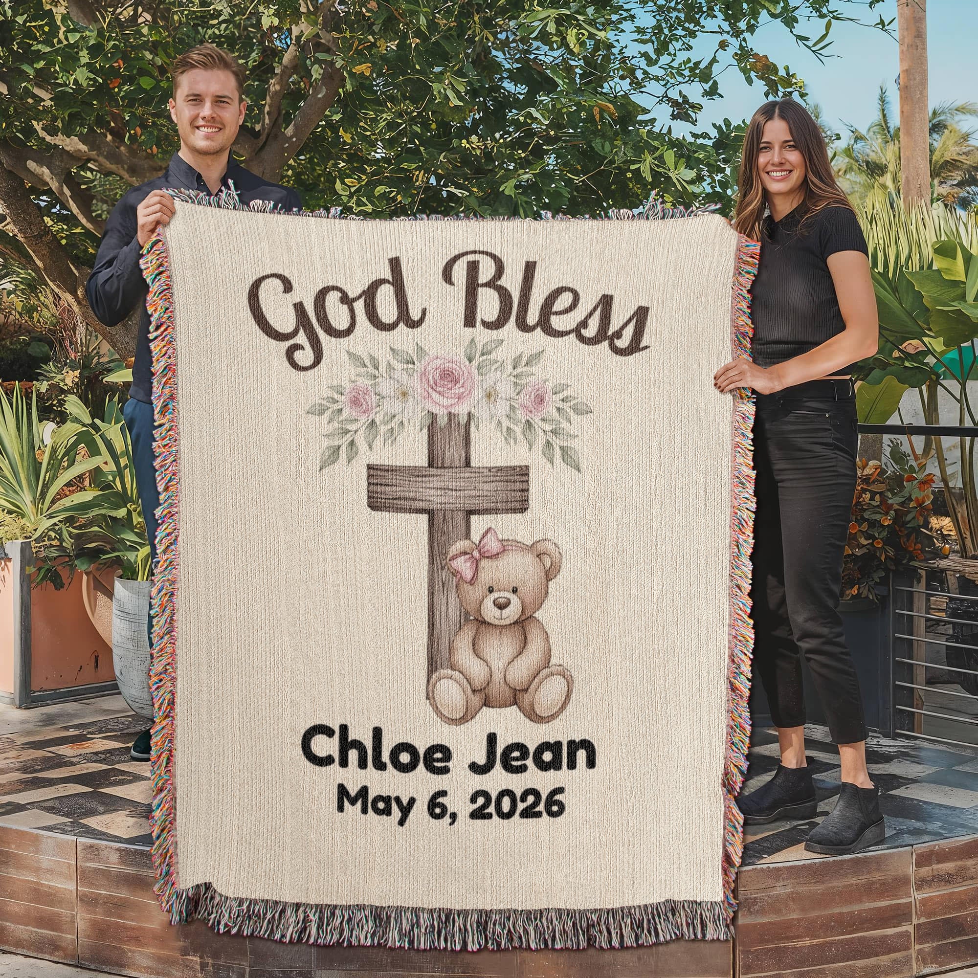 Personalized Baby Baptism Blanket | Teddy Bear Floral Cross
