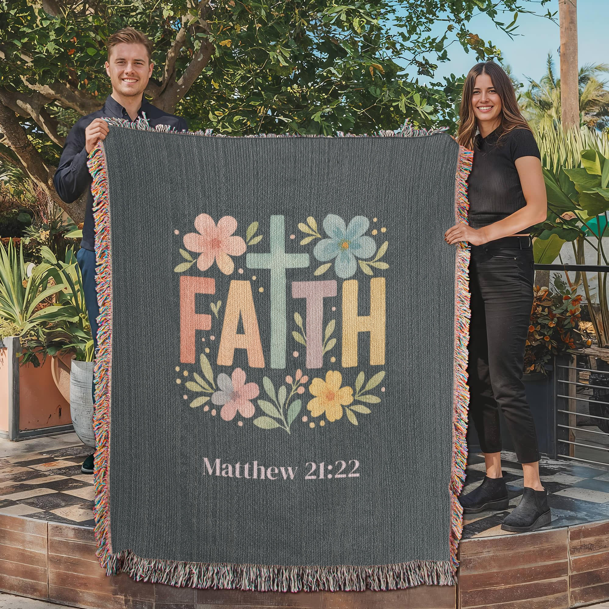 Personalized Christian Faith Blanket | Floral Cross Cotton Throw