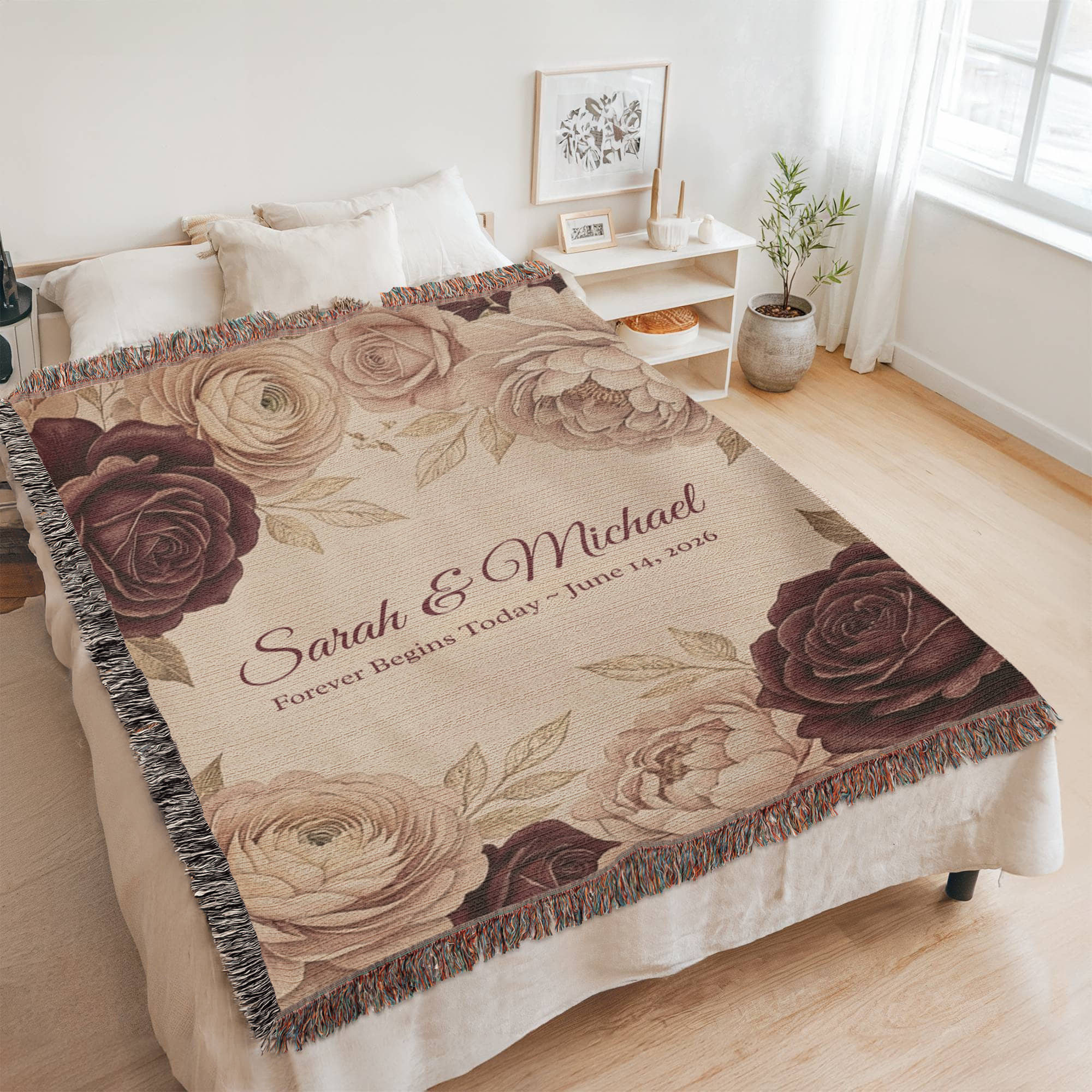 Personalized Wedding Blanket | Floral Rose Cotton