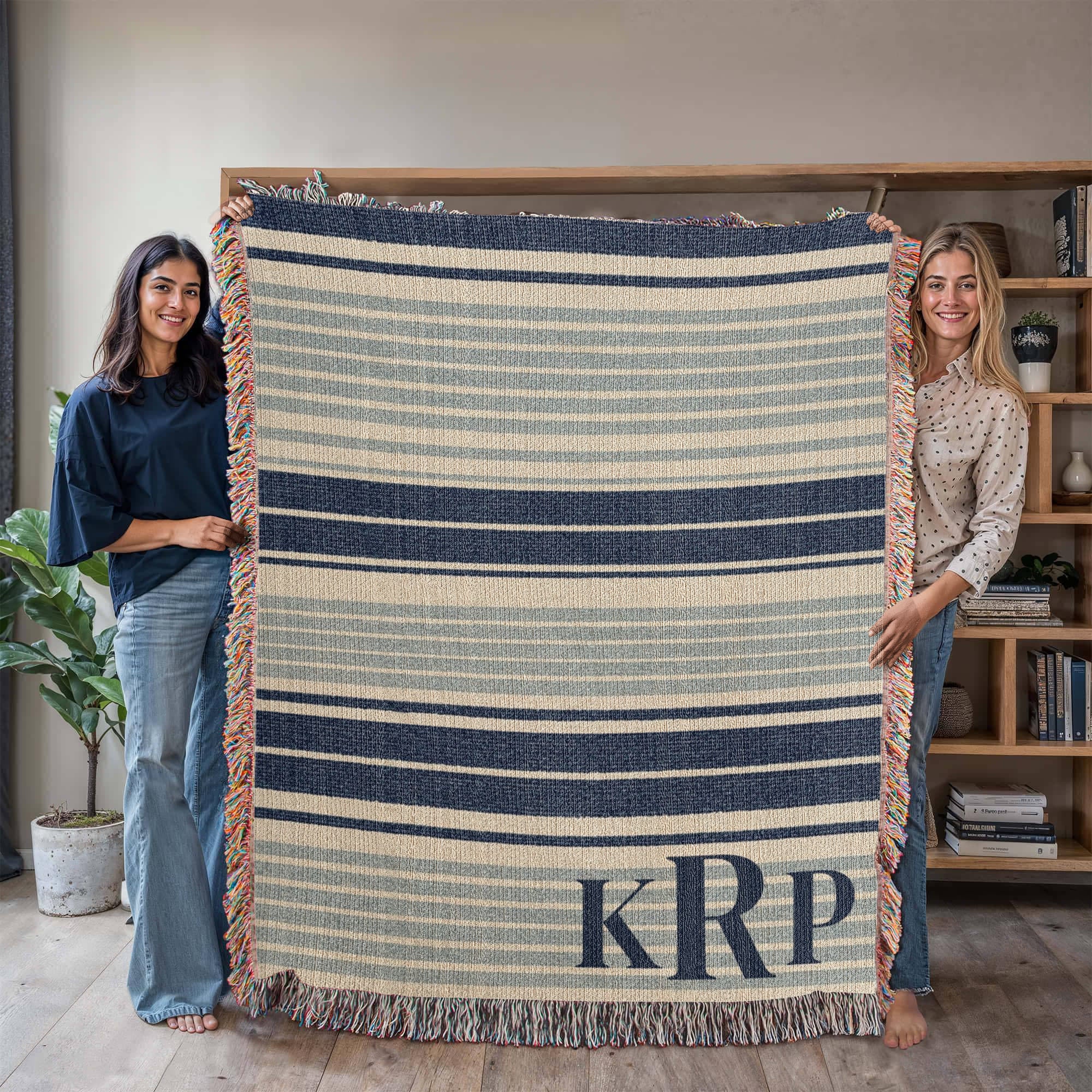 Monogram Beach House Blanket Gift | Custom Initials Striped Coastal Throw
