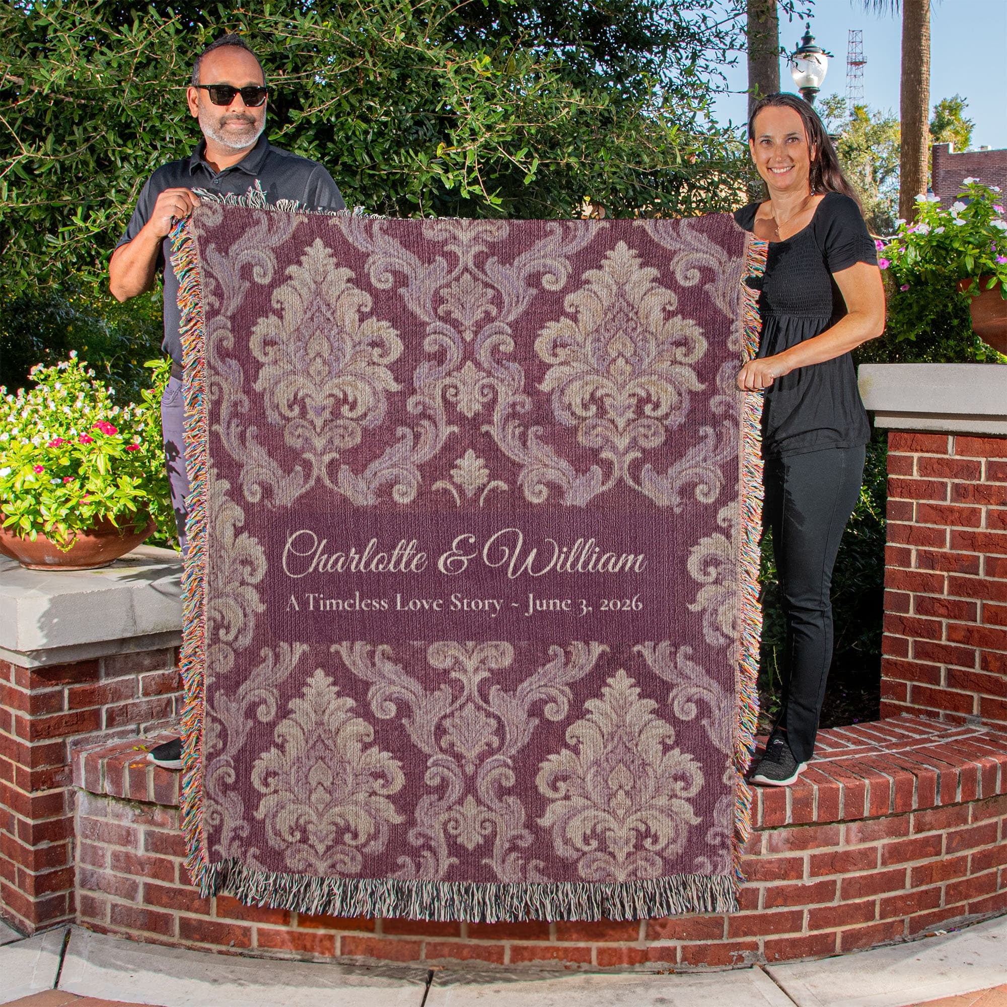 Personalized Wedding Blanket | Damask Floral Cotton