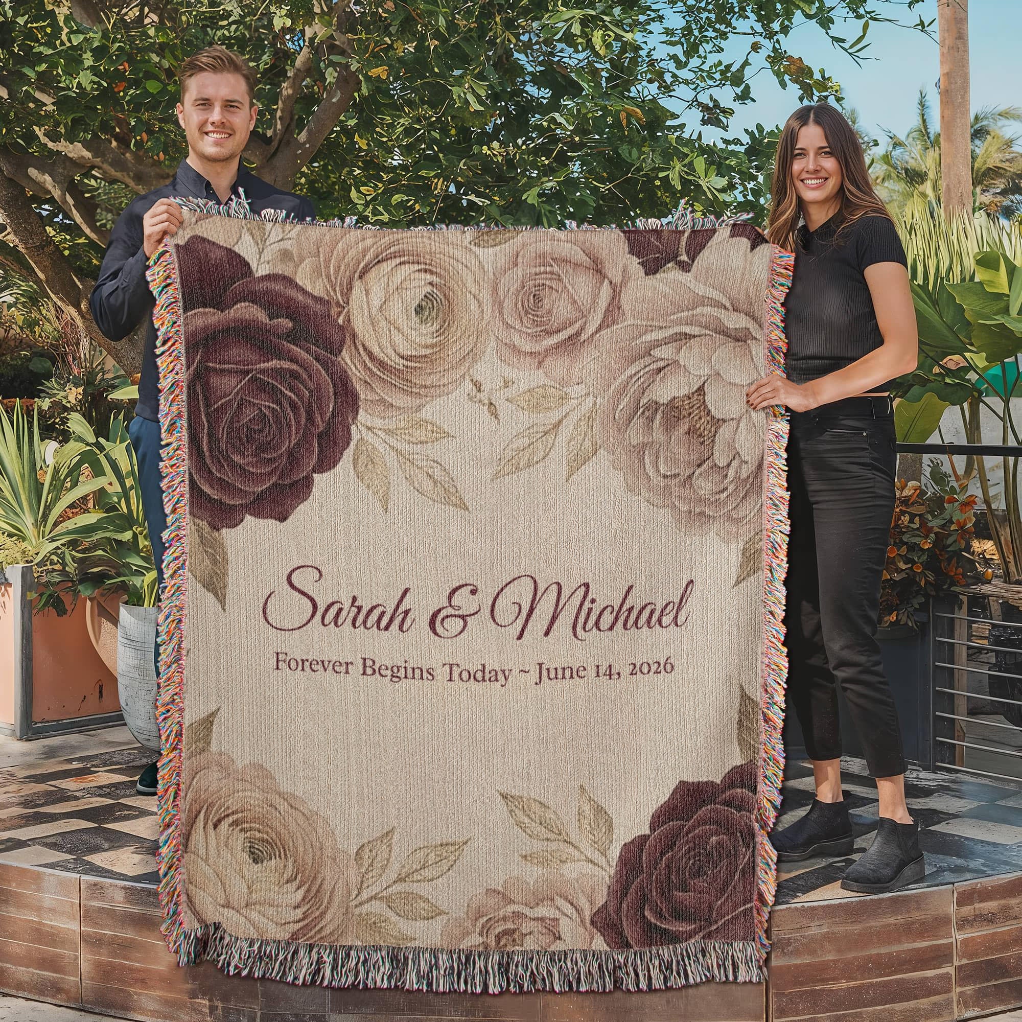 Personalized Wedding Blanket | Floral Rose Cotton