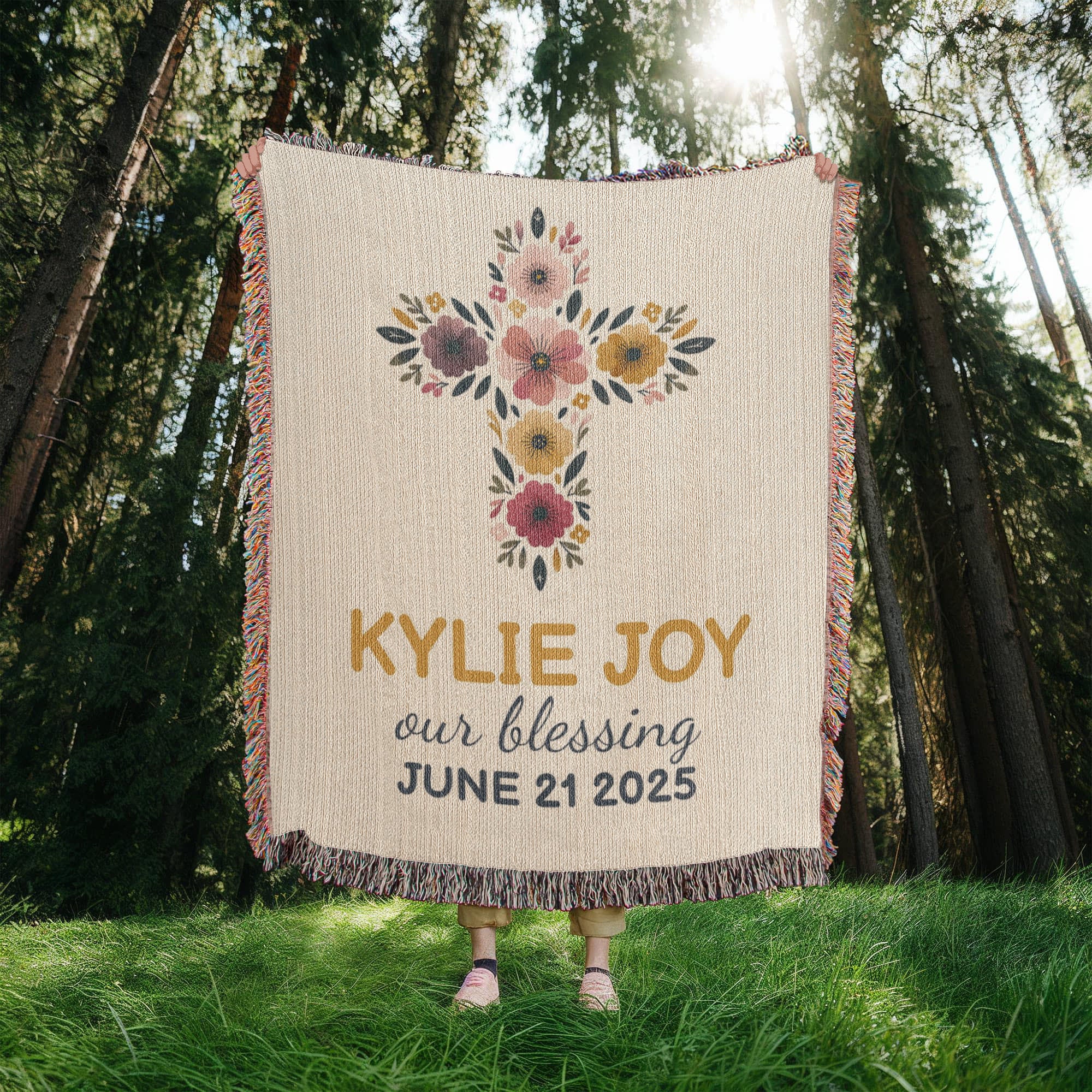 Personalized Baby Baptism Blanket | Floral Cross Christening Gift