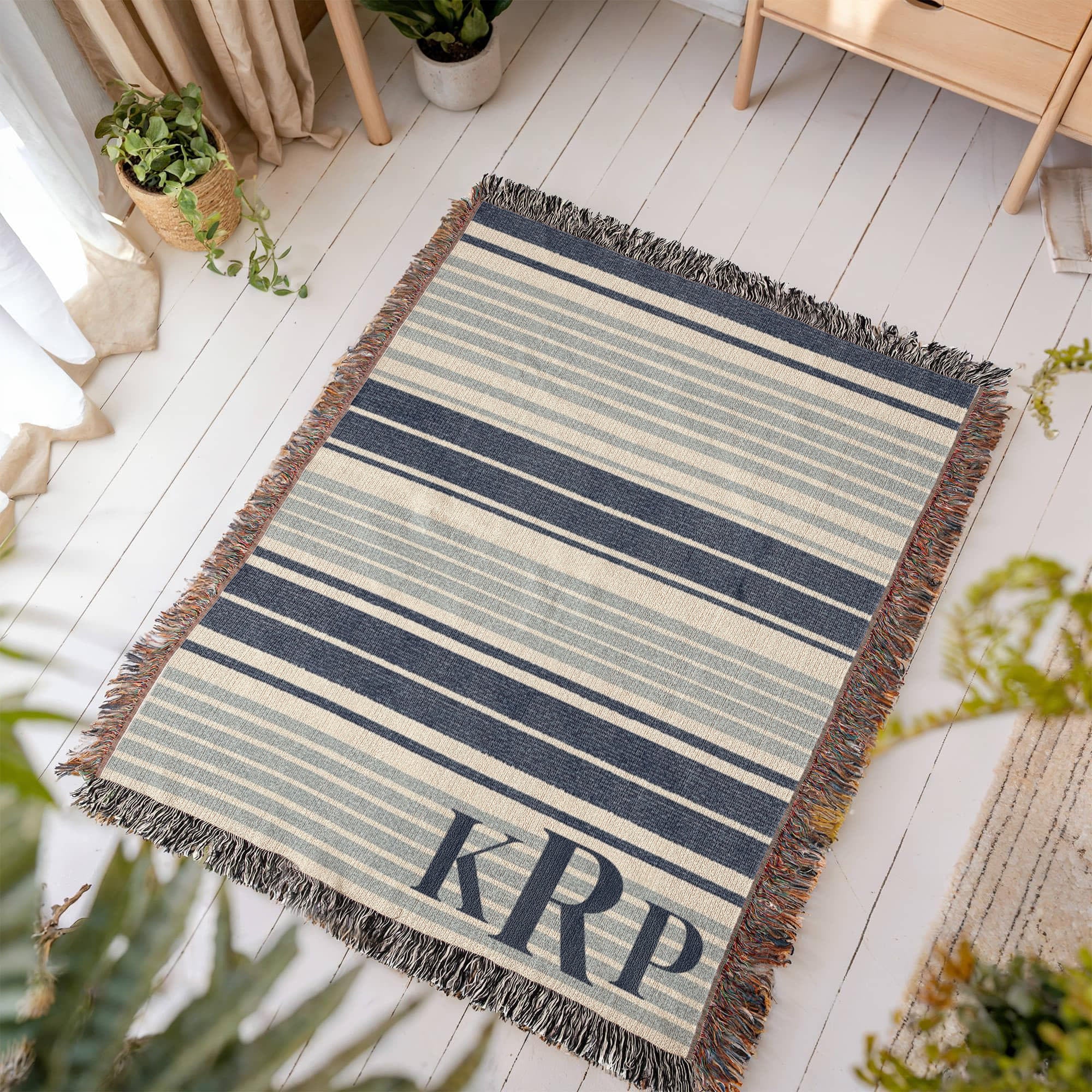 Monogram Beach House Blanket Gift | Custom Initials Striped Coastal Throw