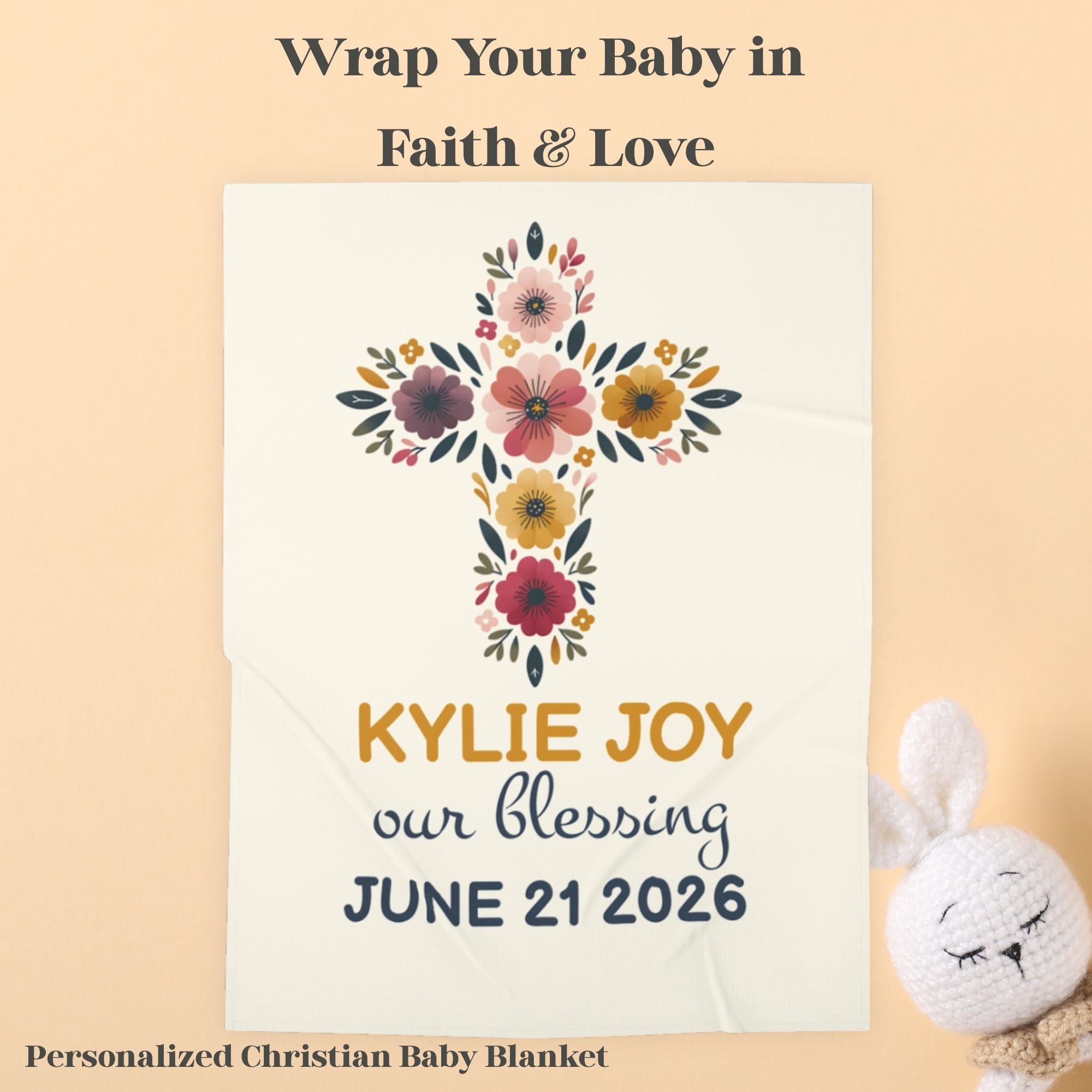 Baby Personalized Christian Baby Blanket Floral Cross Nursery Gift Custom Name Baptism Christening Newborn Blessing Keepsake