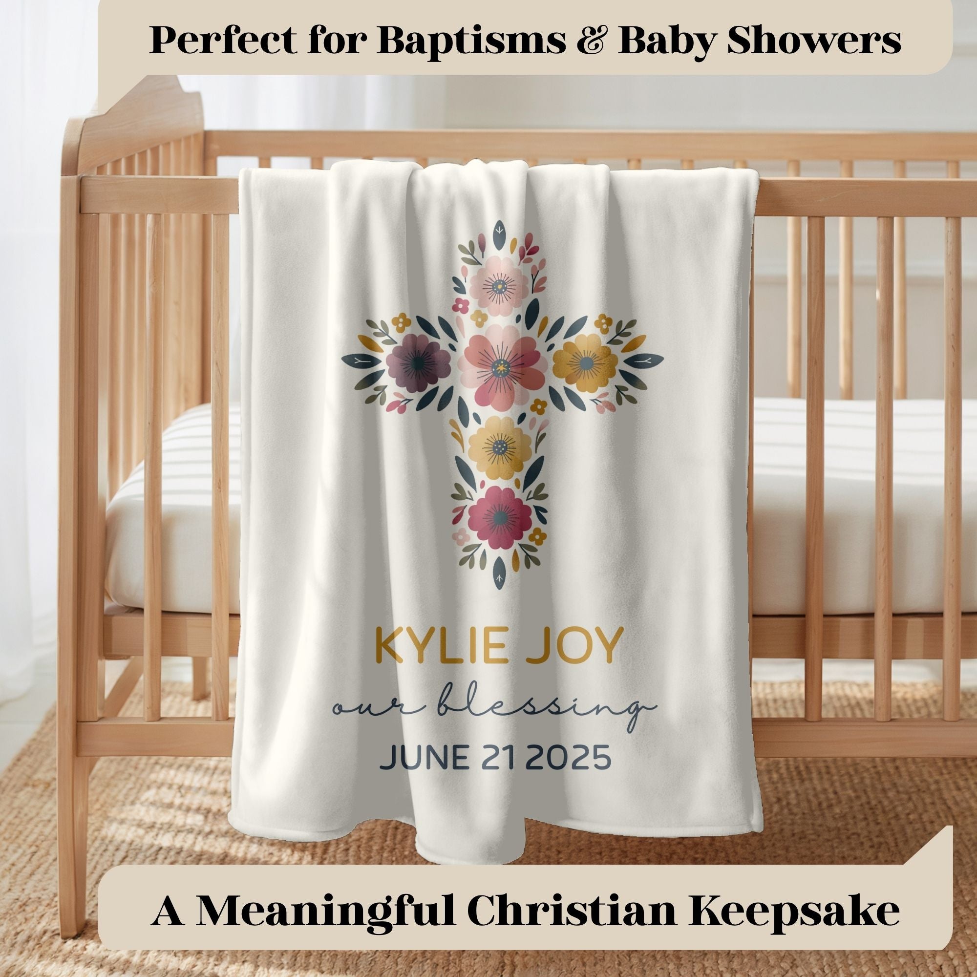 Baby Personalized Christian Baby Blanket Floral Cross Nursery Gift Custom Name Baptism Christening Newborn Blessing Keepsake