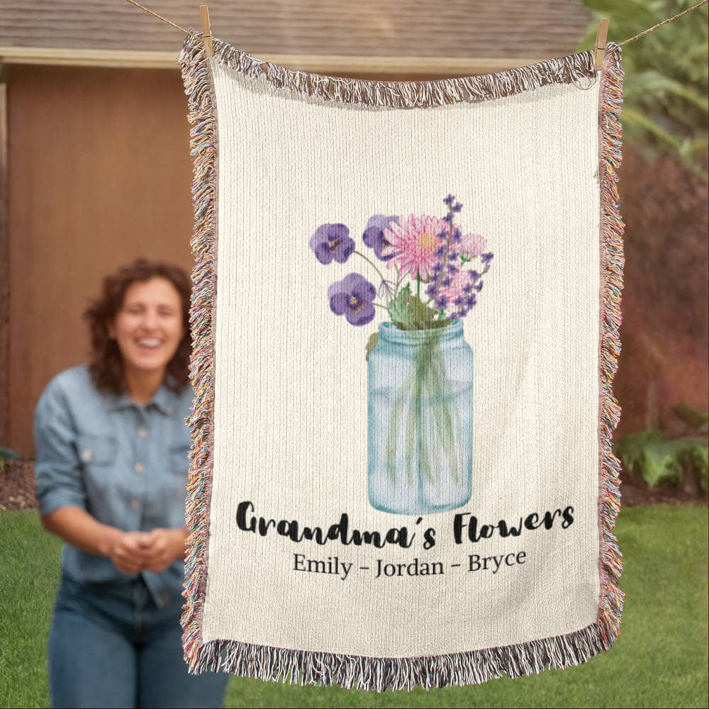 Personalized Gift for Grandmom Grandchildren's Birth Flowers Woven Blanket