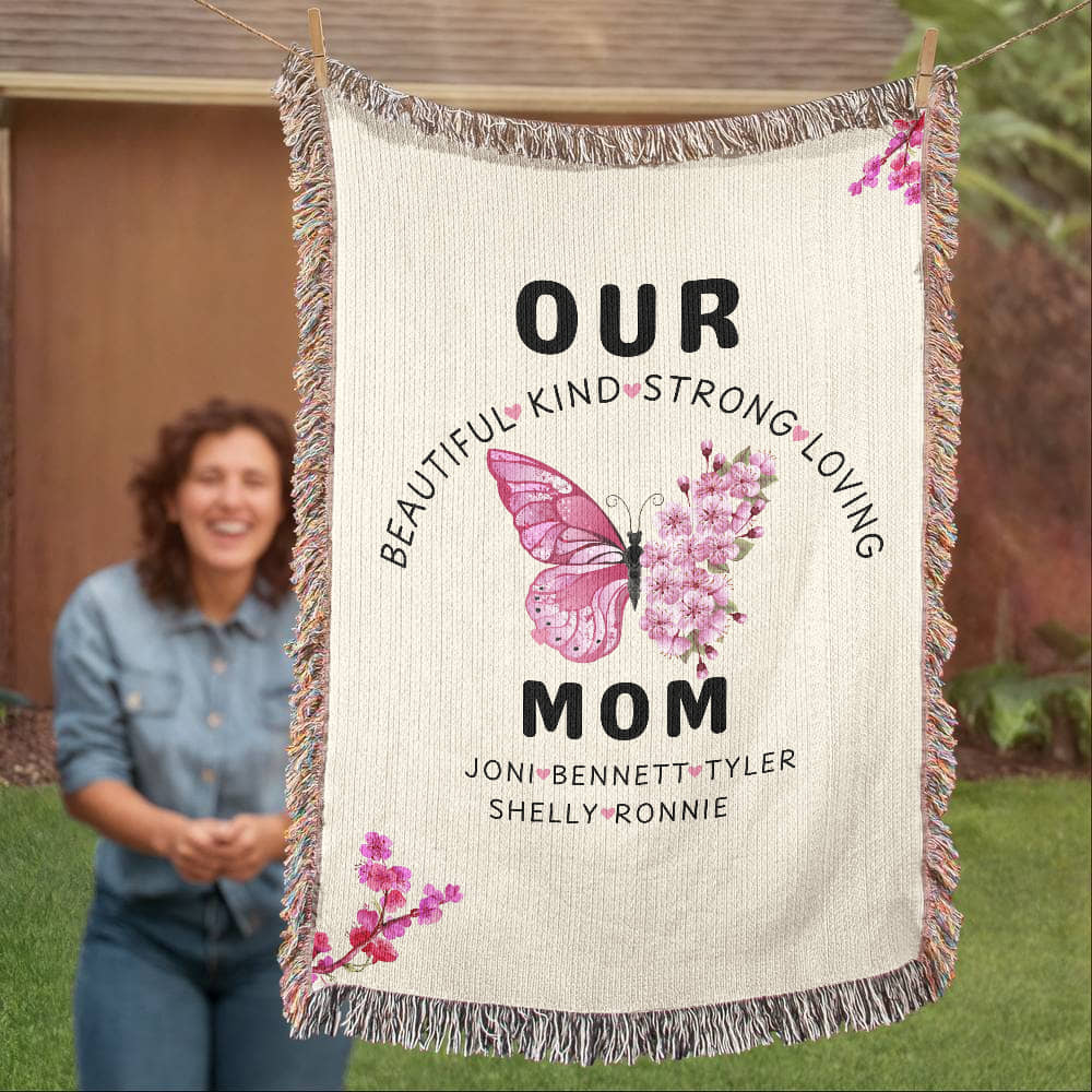 Personalized Butterfly Flower Woven Blanket for Mom
