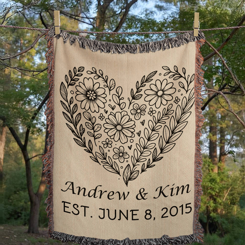 Personalized Floral Heart Heirloom Woven Blanket