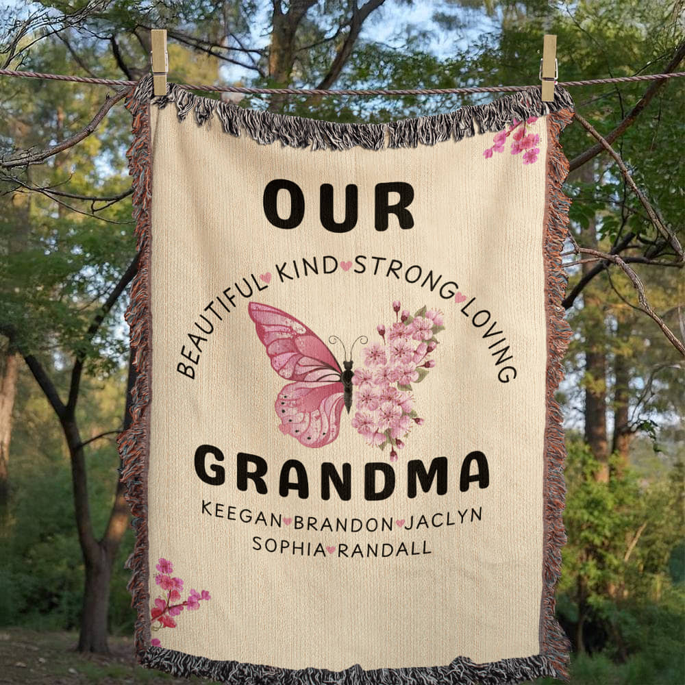Personalized Pink Butterly Flowers Woven Blanket for Grandmom