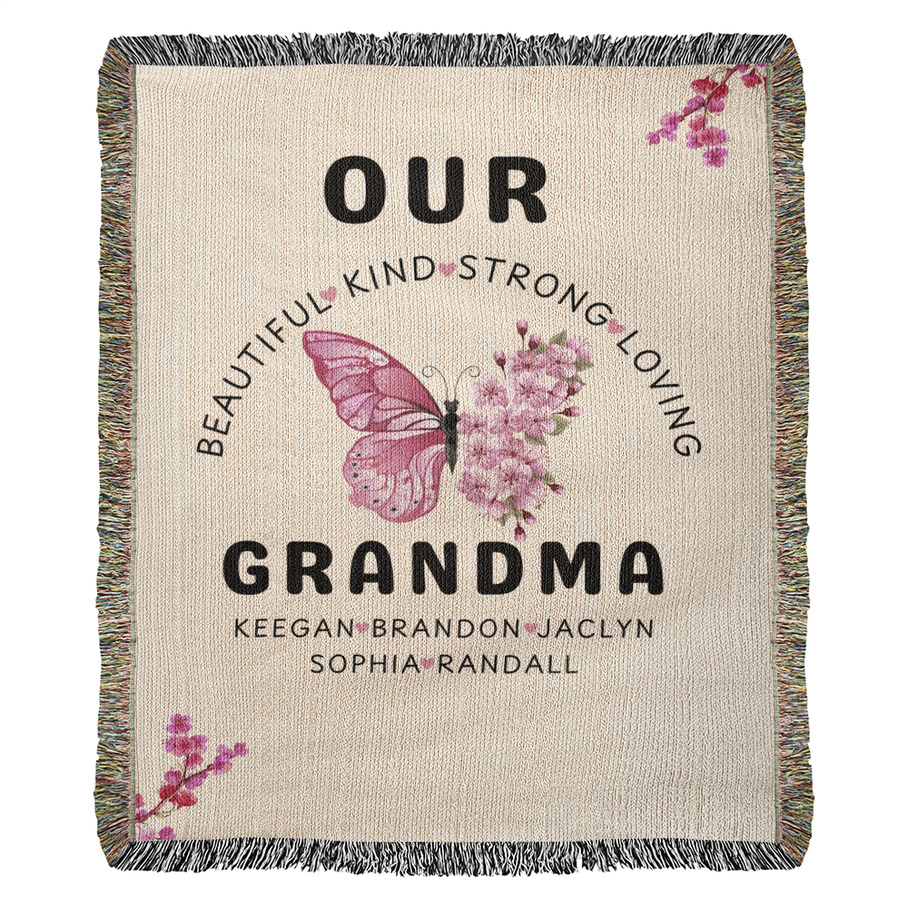 Personalized Pink Butterly Flowers Woven Blanket for Grandmom