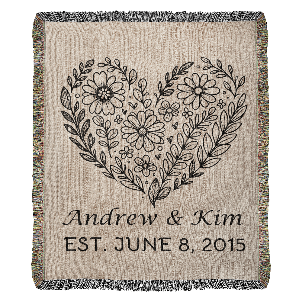 Personalized Floral Heart Heirloom Woven Blanket