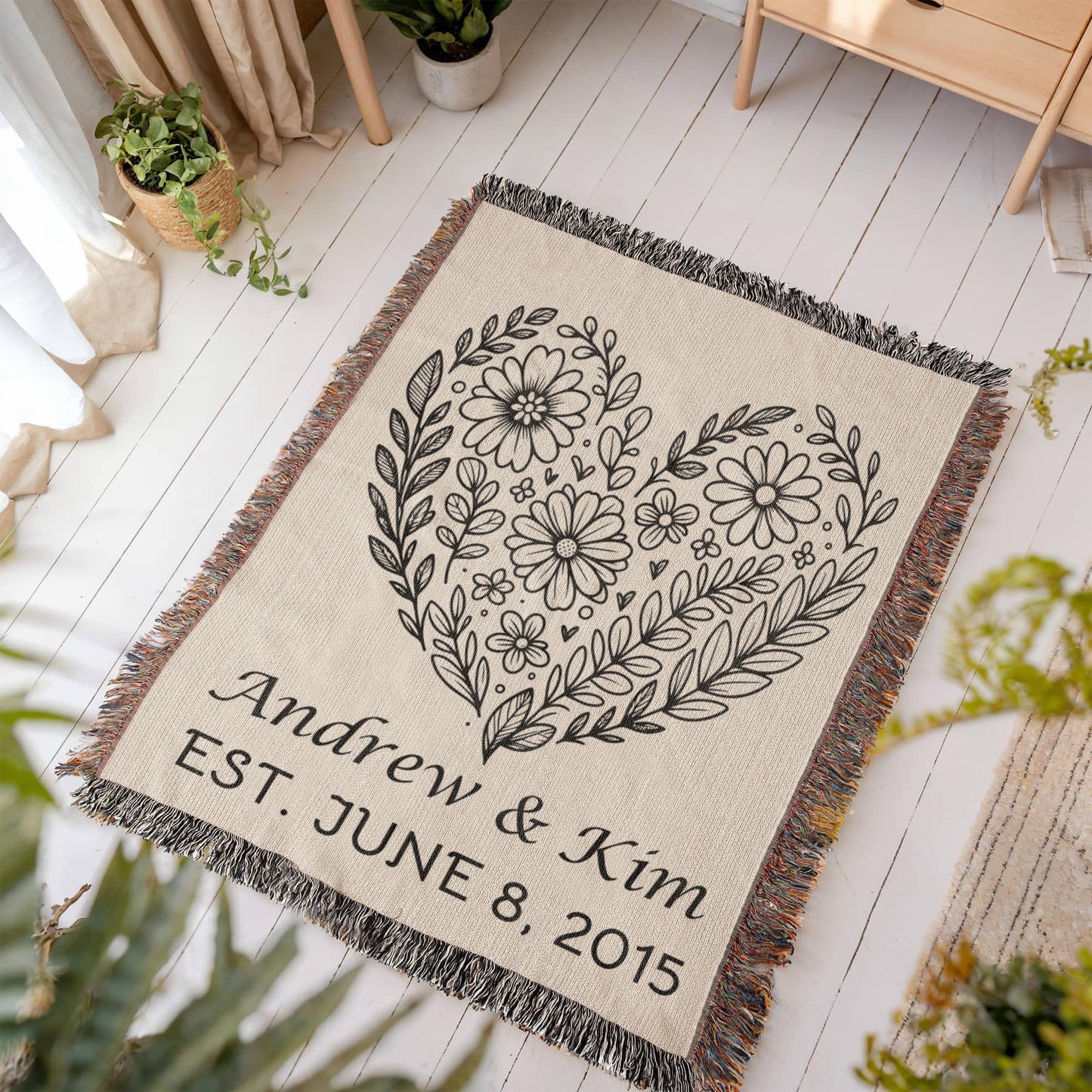 Personalized Floral Heart Heirloom Woven Blanket