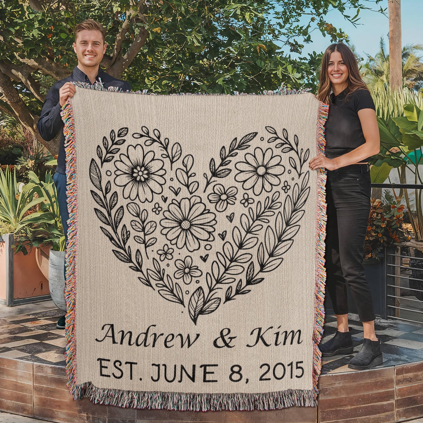 Personalized Floral Heart Heirloom Woven Blanket
