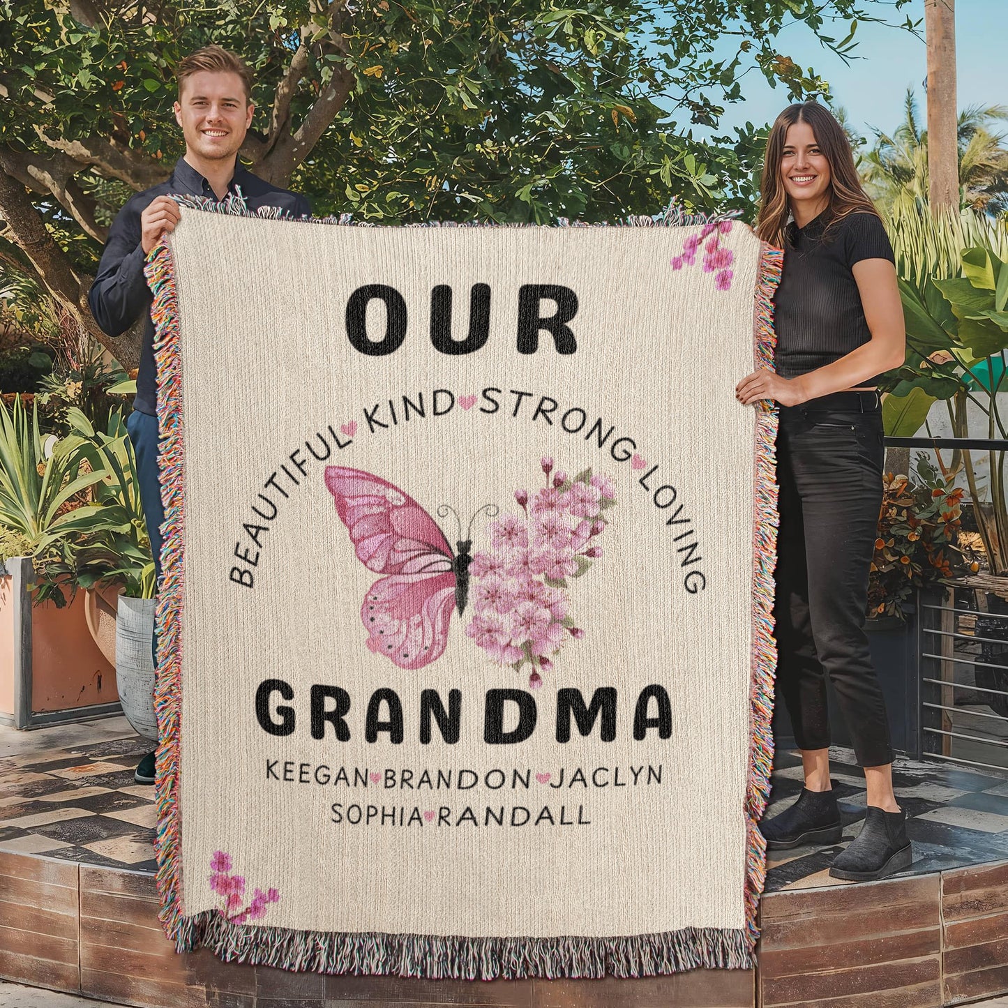 Personalized Pink Butterly Flowers Woven Blanket for Grandmom