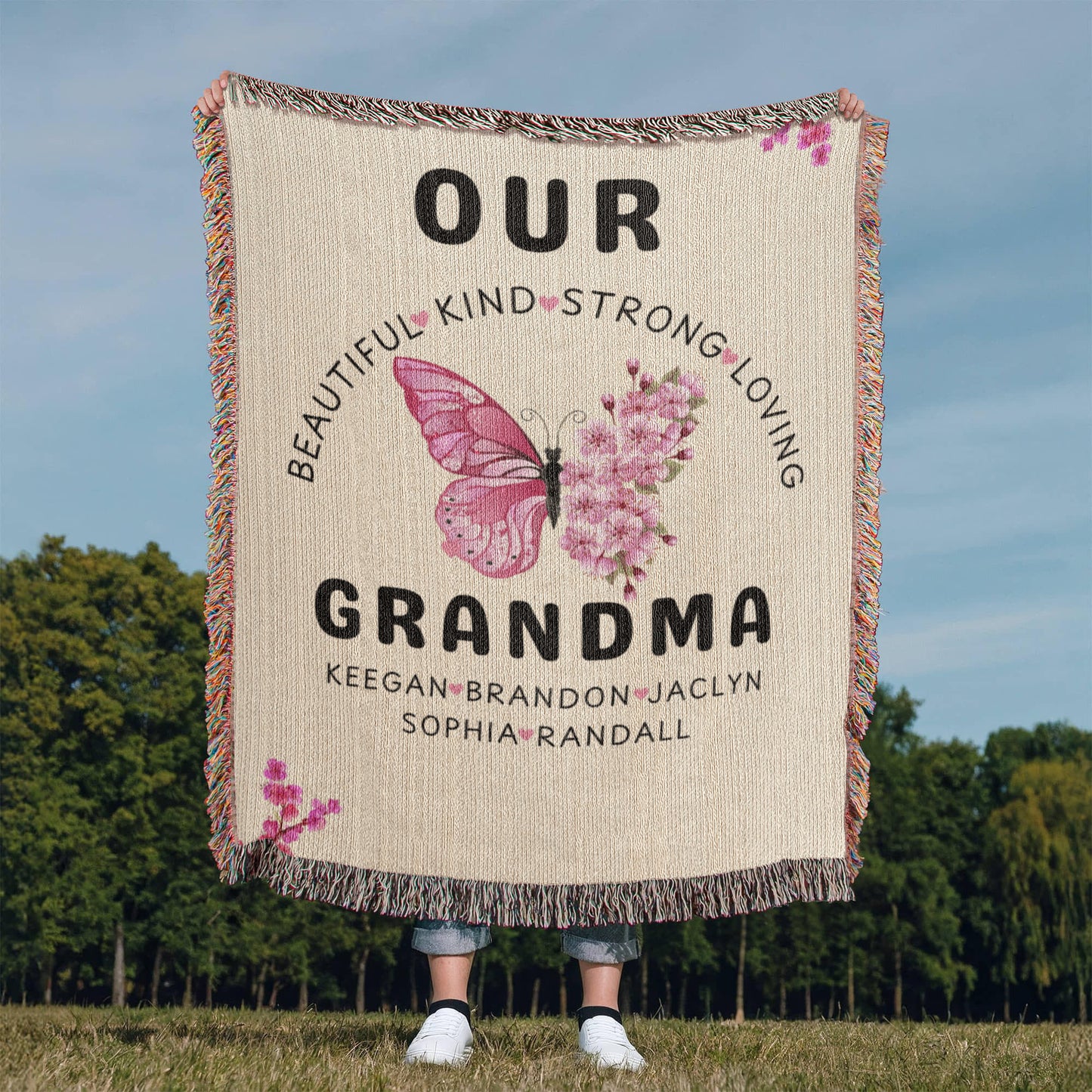 Personalized Pink Butterly Flowers Woven Blanket for Grandmom