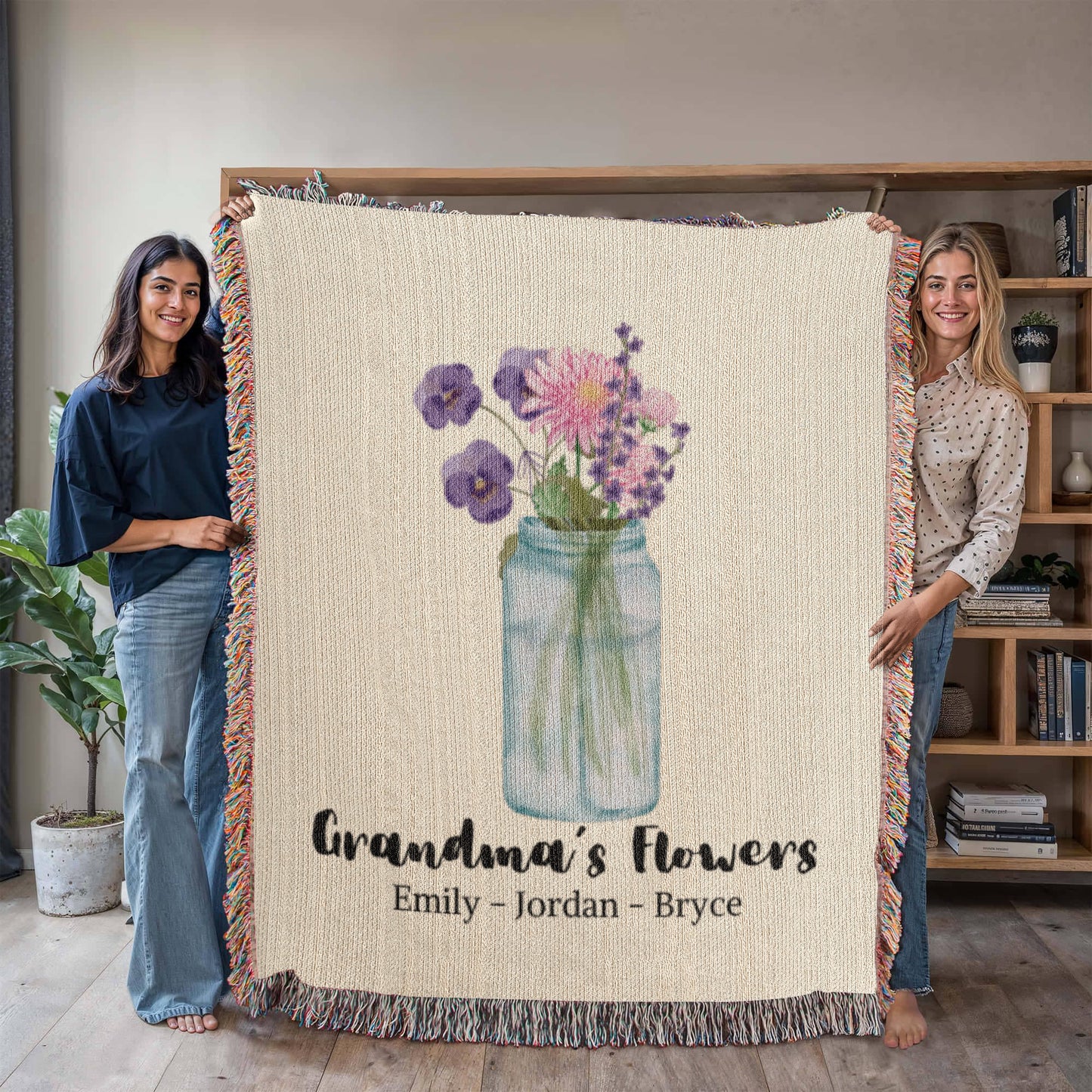 Personalized Gift for Grandmom Grandchildren's Birth Flowers Woven Blanket