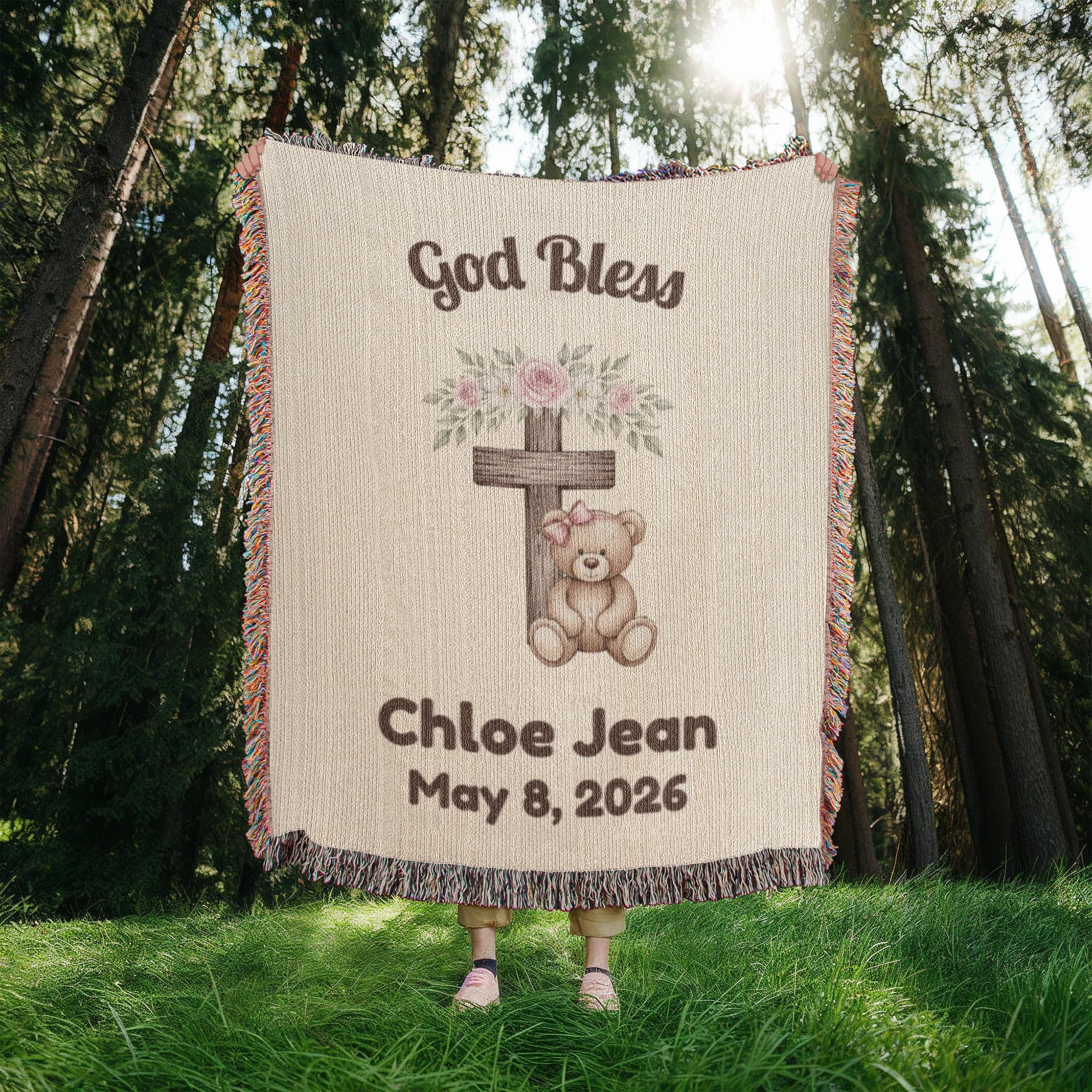 Personalized Christian Baby Woven Blanket Teddy Bear Cross God Bless Blanket
