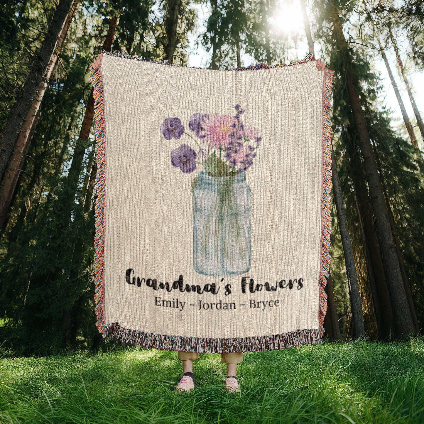 Personalized Gift for Grandmom Grandchildren's Birth Flowers Woven Blanket
