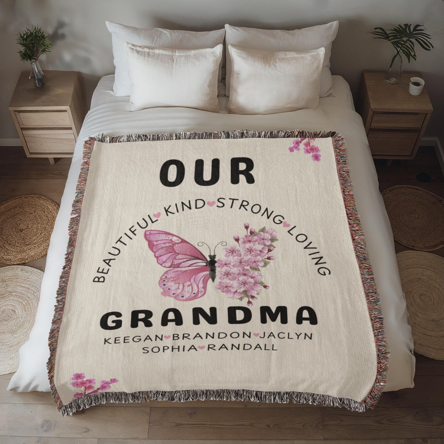 Personalized Pink Butterly Flowers Woven Blanket for Grandmom