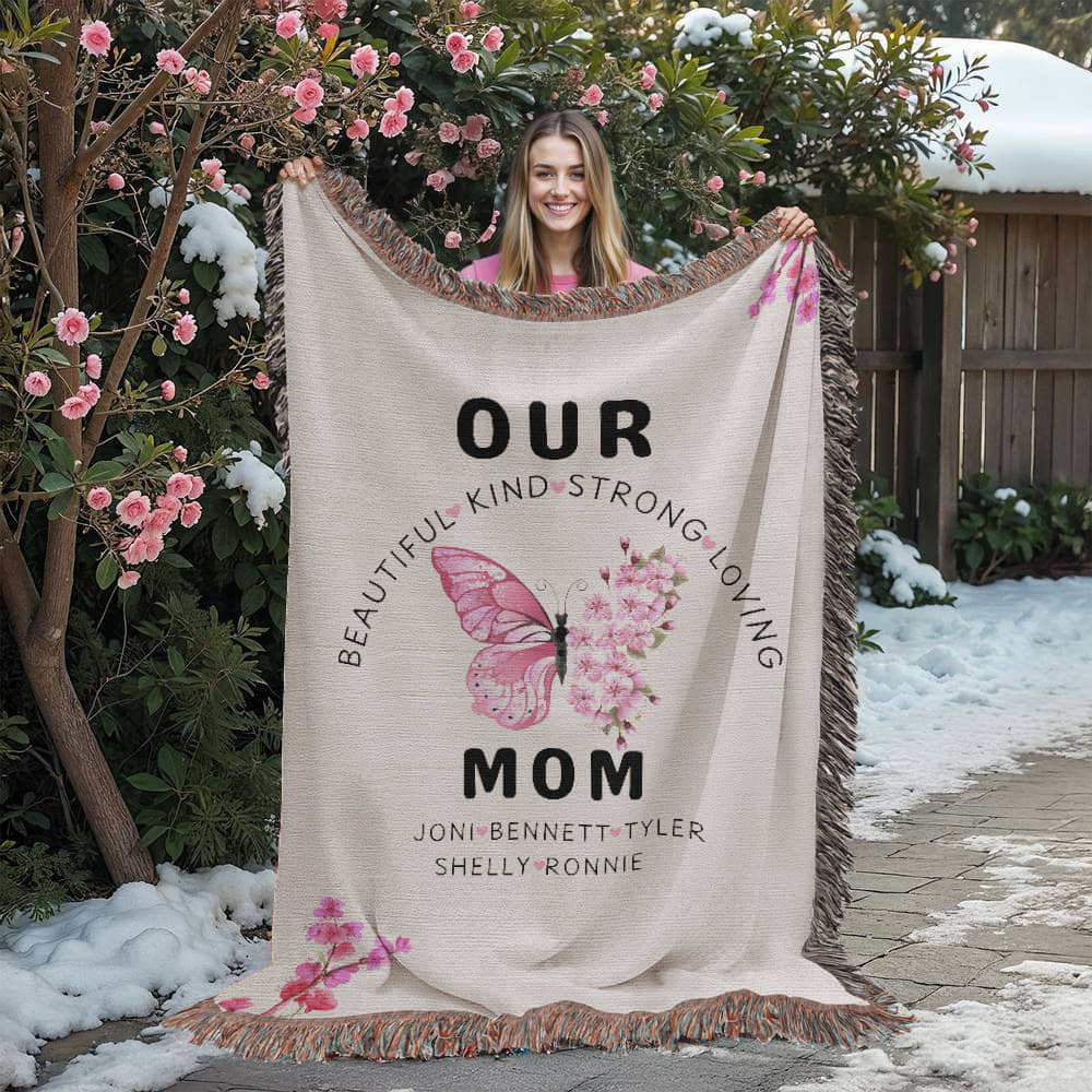 Personalized Butterfly Flower Woven Blanket for Mom
