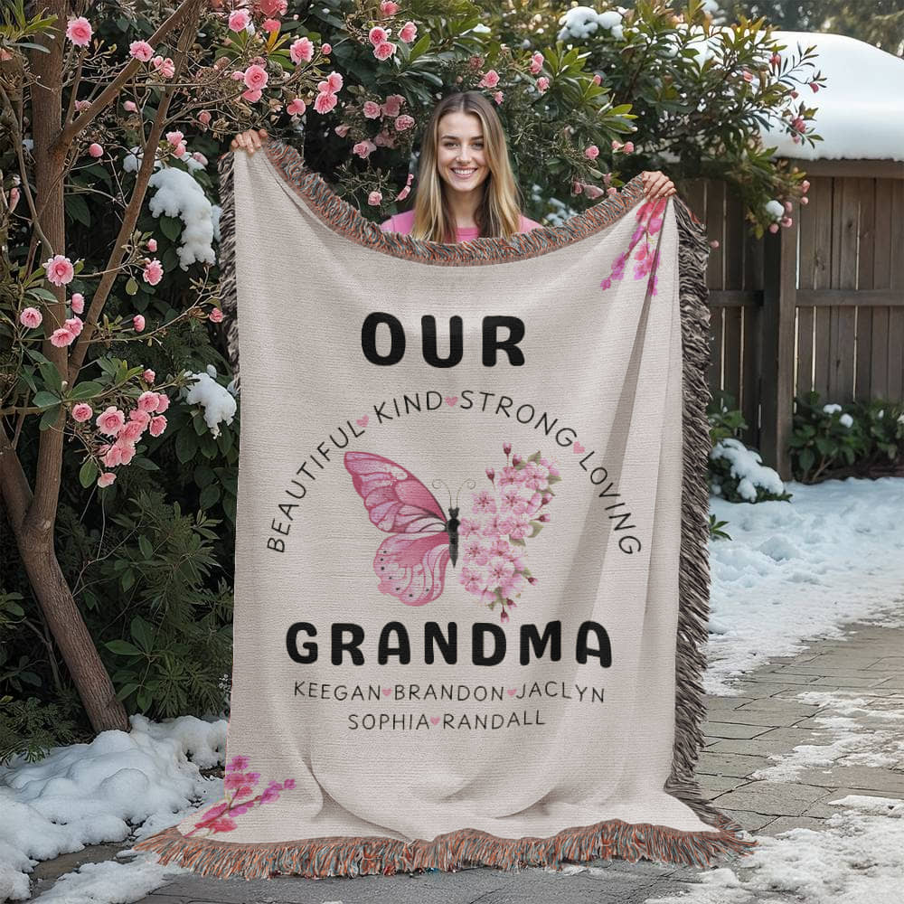 Personalized Pink Butterly Flowers Woven Blanket for Grandmom
