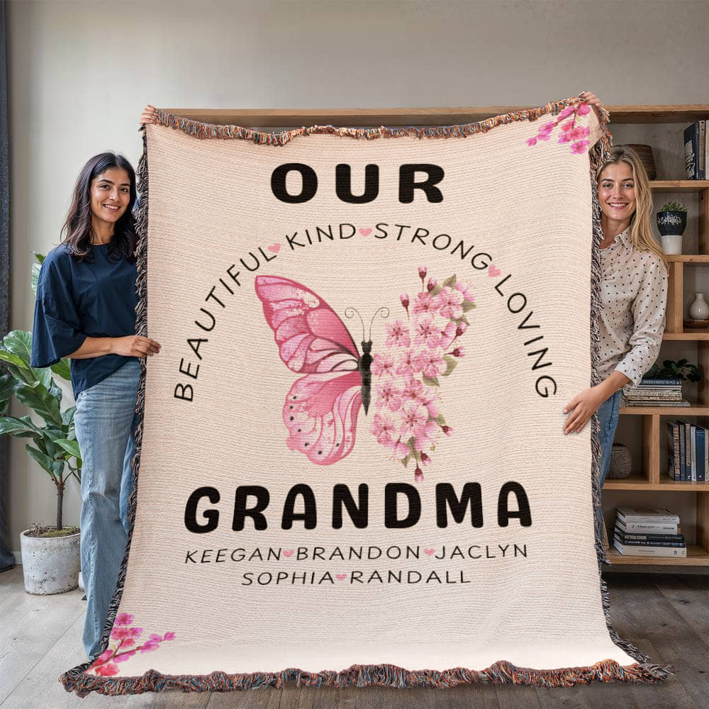 Personalized Pink Butterly Flowers Woven Blanket for Grandmom