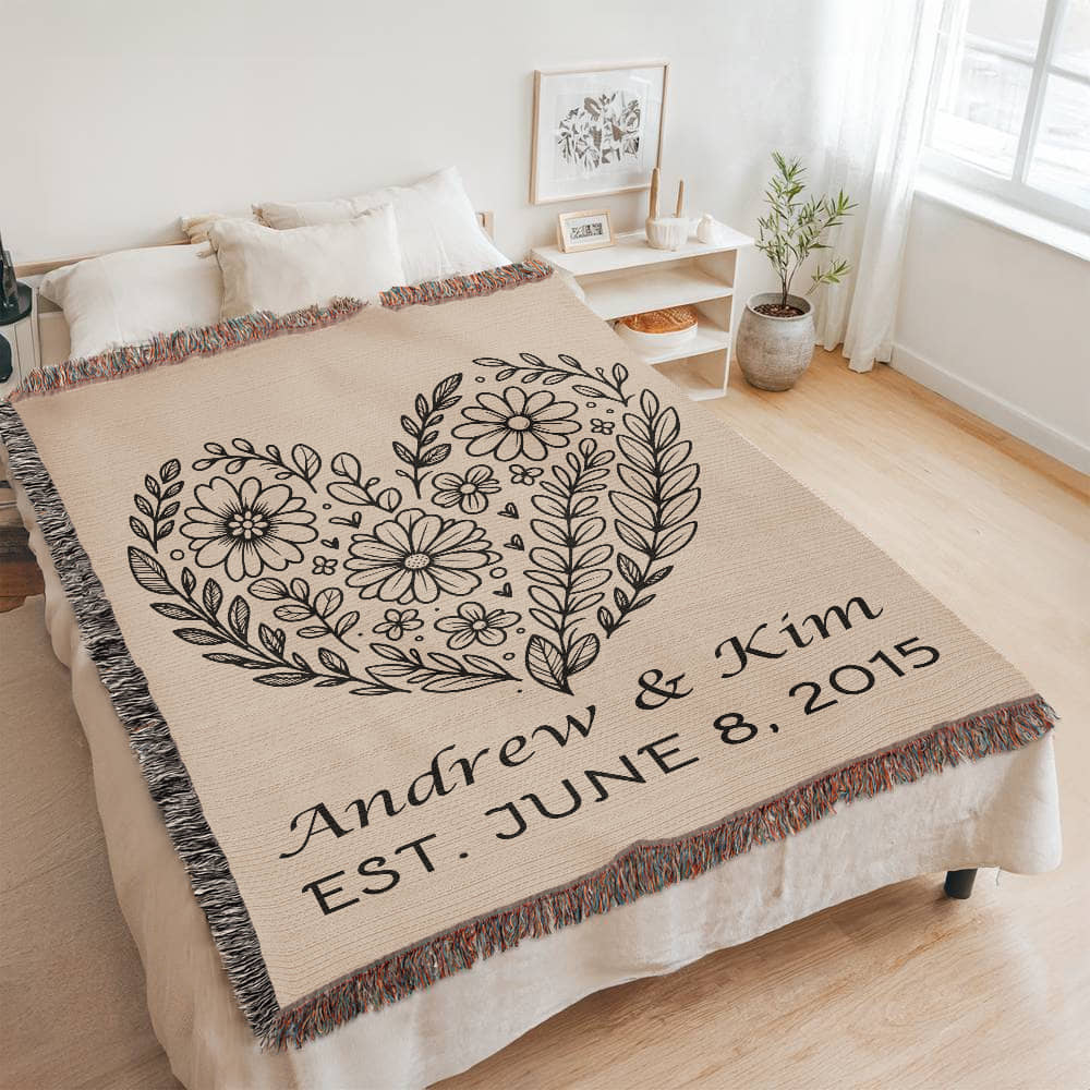 Personalized Floral Heart Heirloom Woven Blanket
