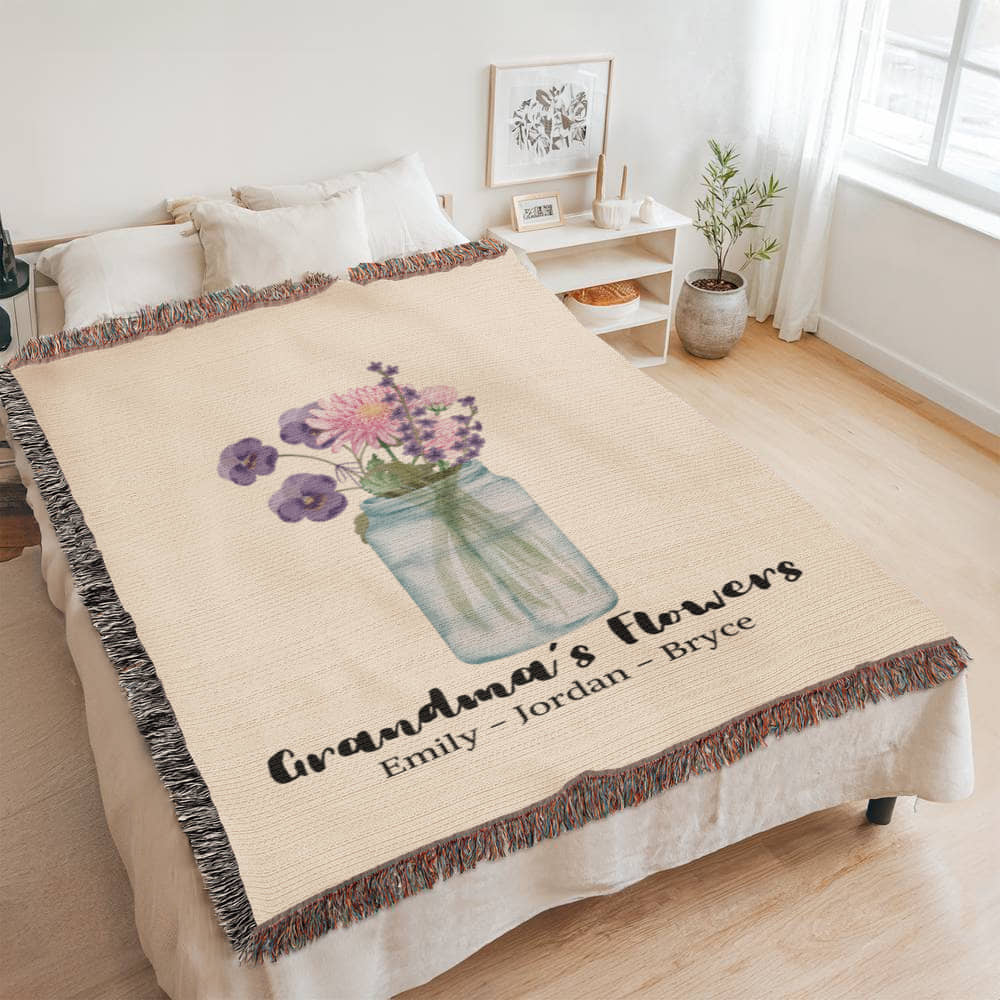 Personalized Gift for Grandmom Grandchildren's Birth Flowers Woven Blanket