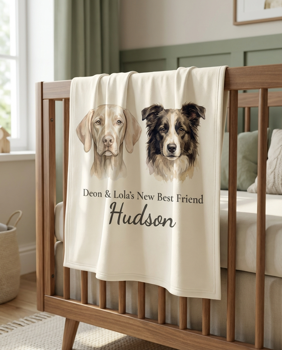 Personalized Baby Dog Name Gift • Custom Newborn Name Blanket • Baby & Pet Announcement • Newborn Photo Prop • Baby Shower Gift