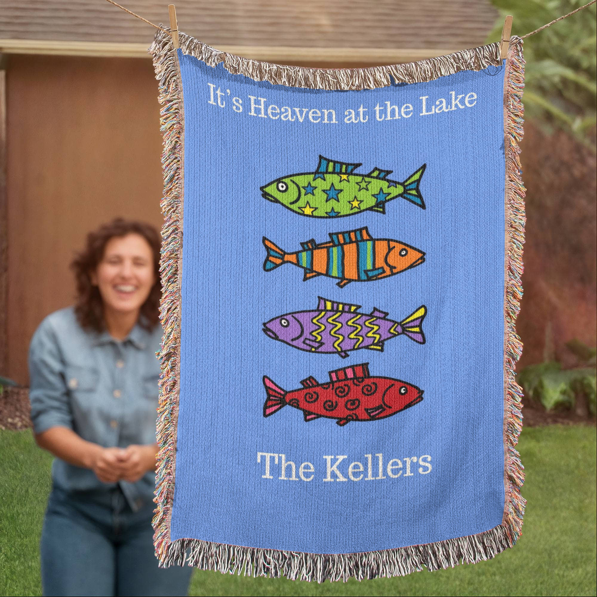 Personalized Lake House Blanket | Colorful Fish Cotton Throw