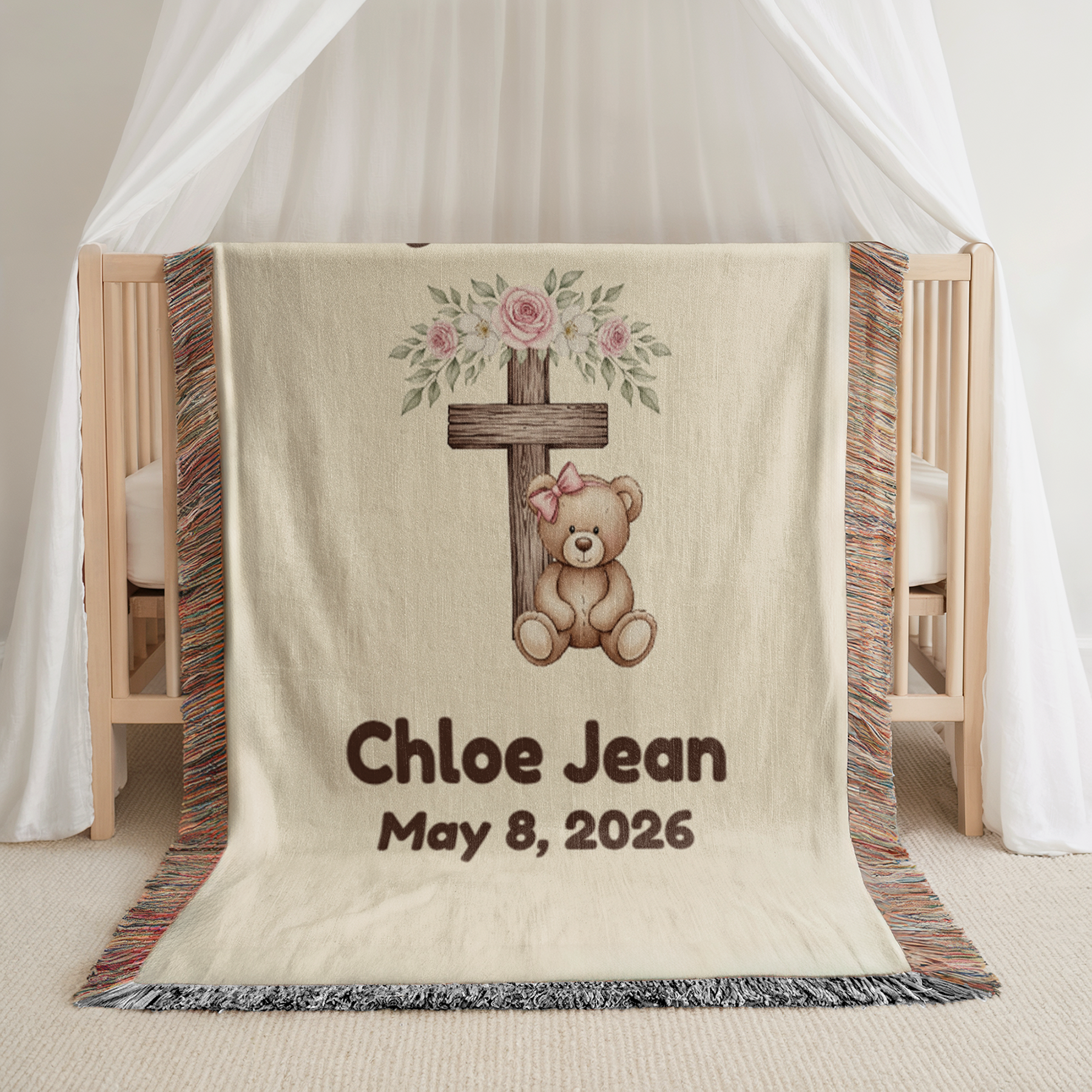 Personalized Christian Baby Woven Blanket Teddy Bear Cross God Bless Blanket