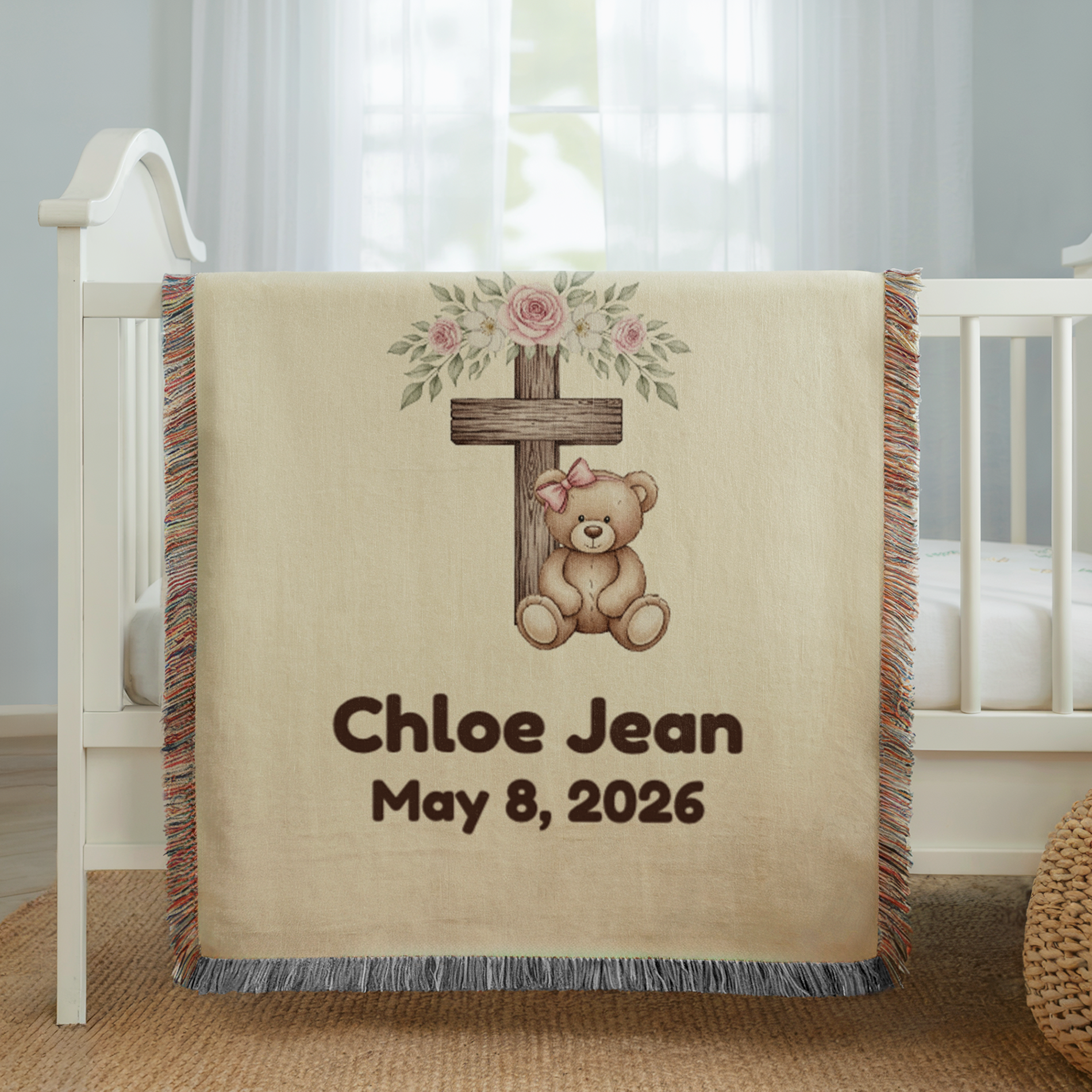 Personalized Christian Baby Woven Blanket Teddy Bear Cross God Bless Blanket