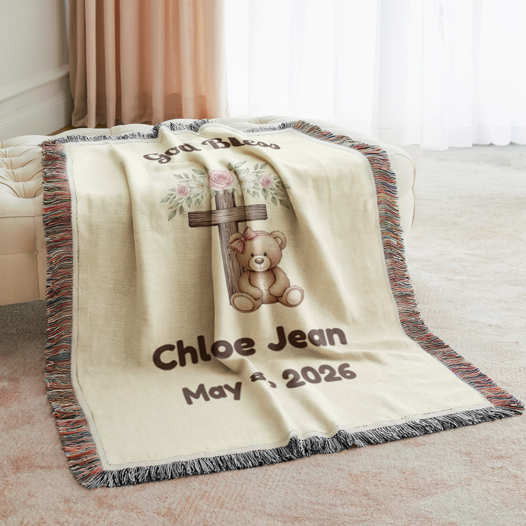 Personalized Baby Baptism Blanket | Teddy Bear Floral Cross