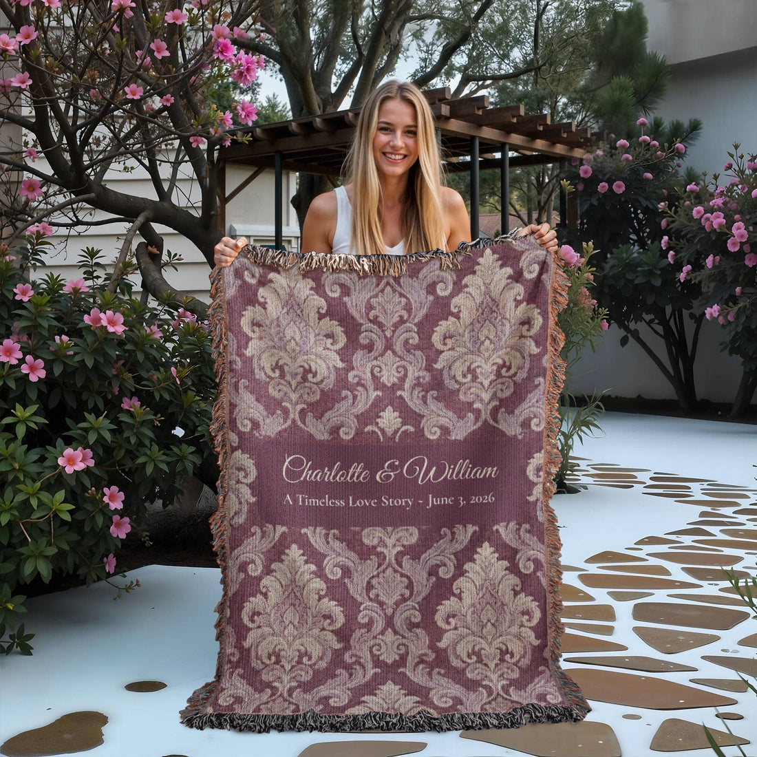 Personalized Wedding Blanket | Damask Floral Cotton