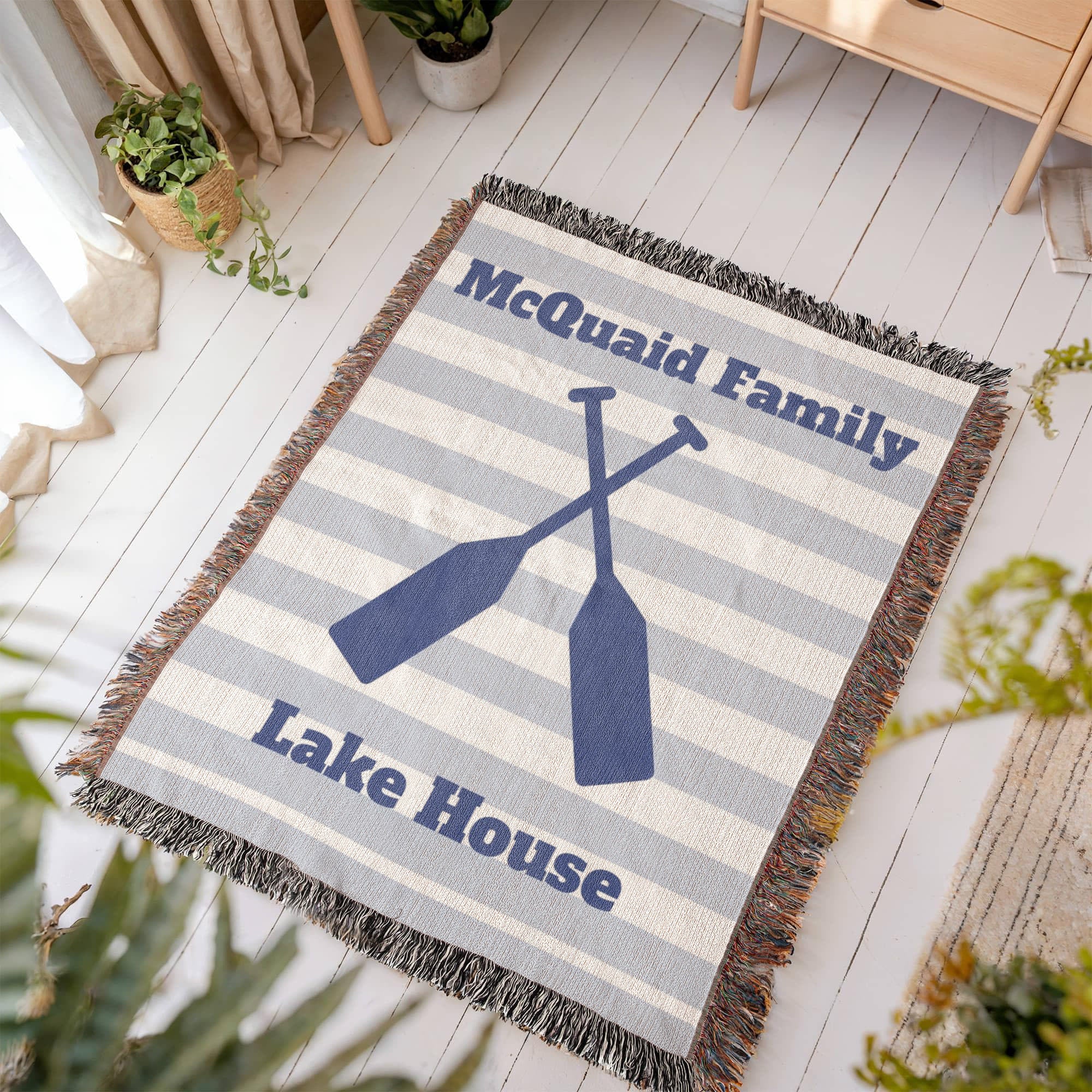 Personalized Lake House Blanket | Crossed Oars Cotton Throw