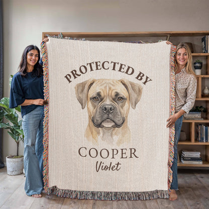 Protected By Dog Blanket | Custom Pet Baby Name Throw | Personalized Dog Breed Cotton | Nursery Guardian Gift | Heirloom Woven Fringe Blanket | New Baby Dog Gift