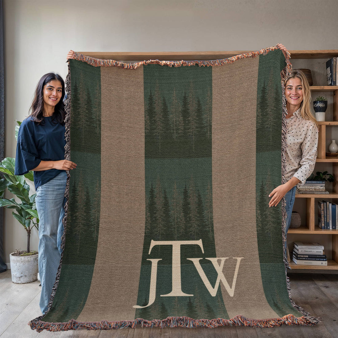 Monogram Lodge Blanket | Custom Initials Plaid Throw | Rustic Cabin Cotton Gift | Personalized Tartan Heirloom | Fringe Woven Blanket | Hunting Cabin Decor