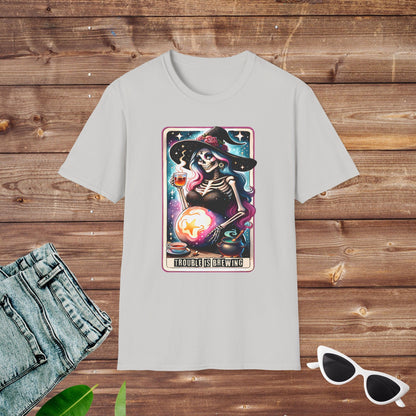 Trouble is Brewing Pregnant Witch Skeleton Tarot T Shirt