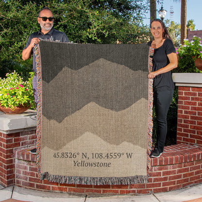 Custom Mountain Coordinates Blanket | Personalized GPS Location Throw | Yellowstone Lodge Gift | Heirloom Woven Nature Blanket | Cabin Decor