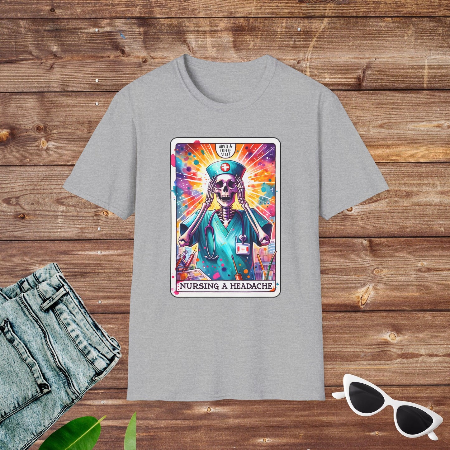 Nursing a Headache Nurse Witch Skeleton Tarot T Shirt