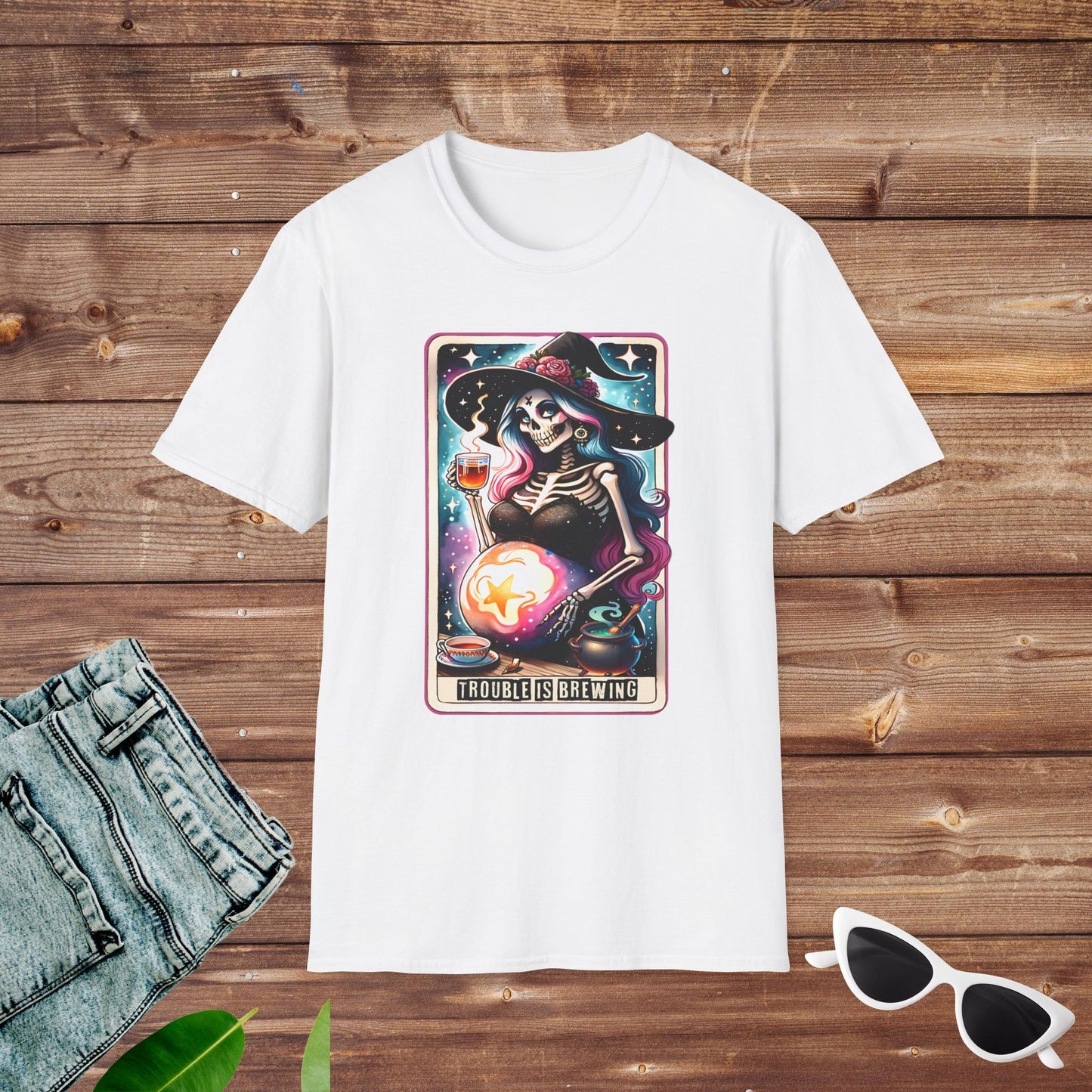 Trouble is Brewing Pregnant Witch Skeleton Tarot T Shirt