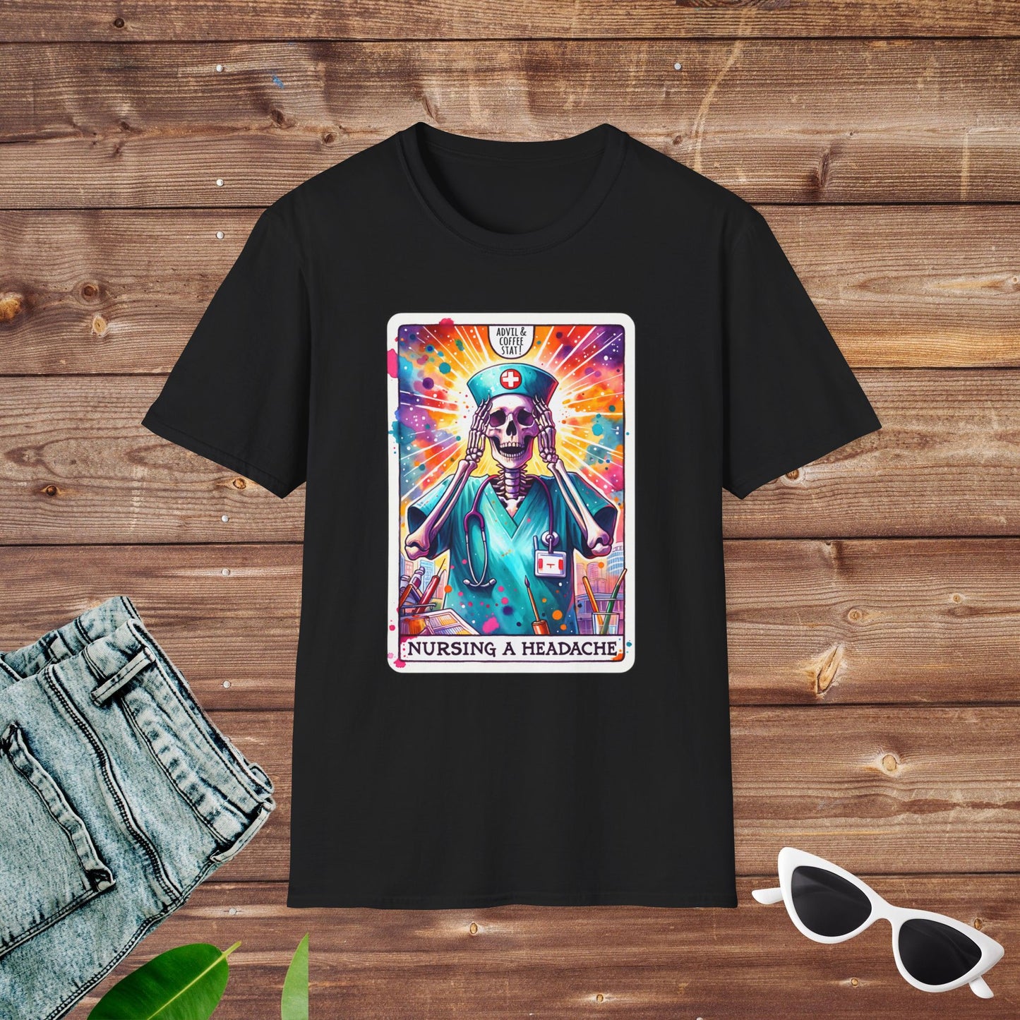 Nursing a Headache Nurse Witch Skeleton Tarot T Shirt