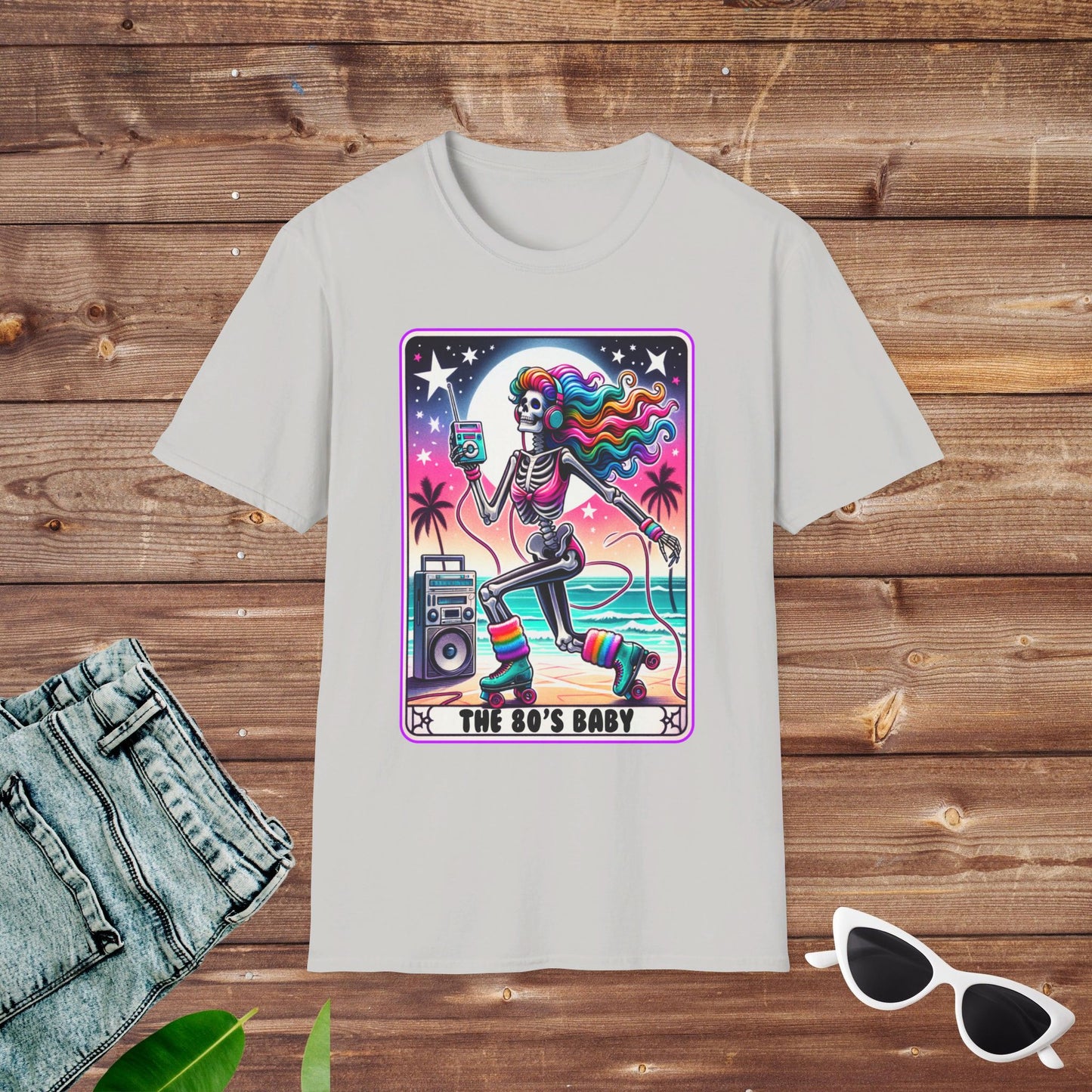 80s Rollerskating Beach Skeleton Tarot T Shirt