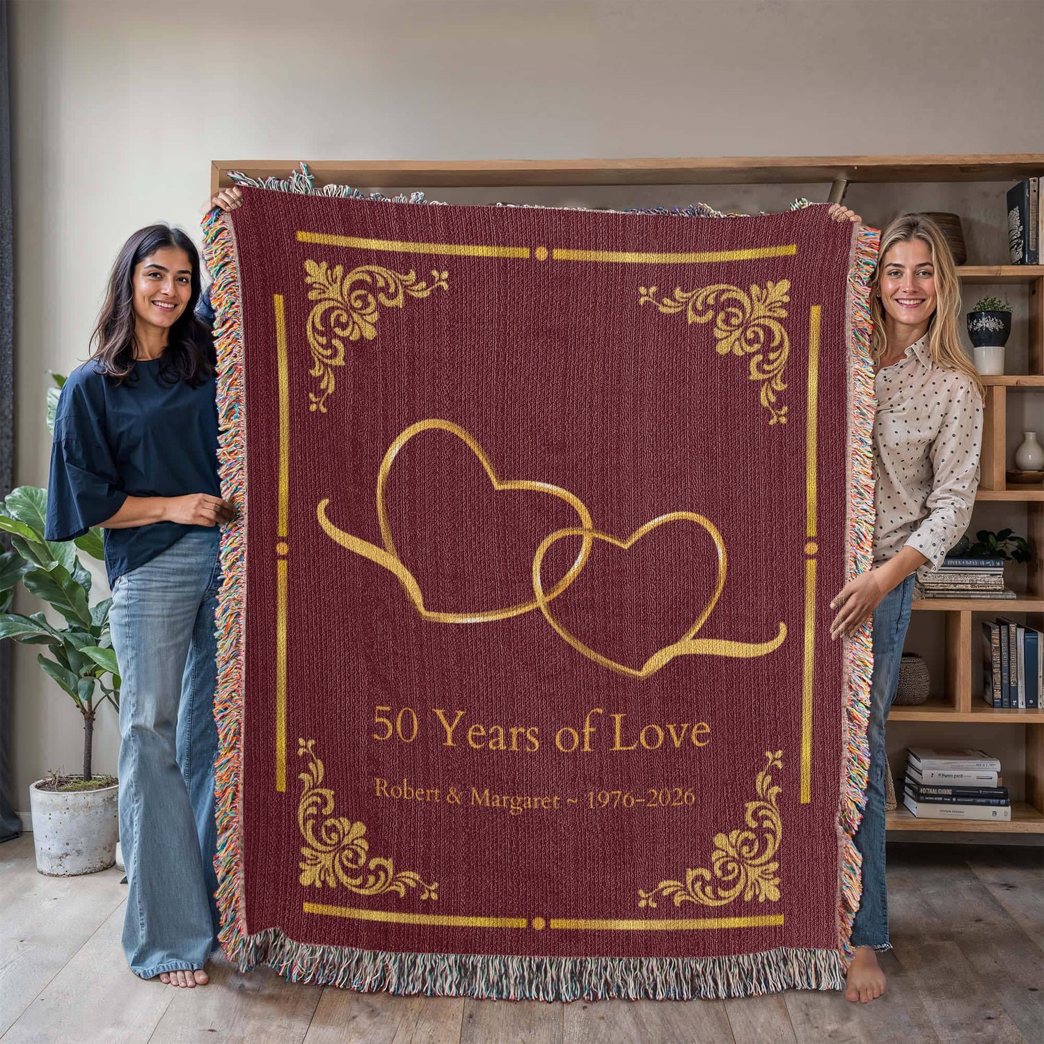 Personalized Anniversary Blanket | Custom Names &amp; Years | Heirloom Cotton Throw | Wedding Milestone Gift | 50th Anniversary