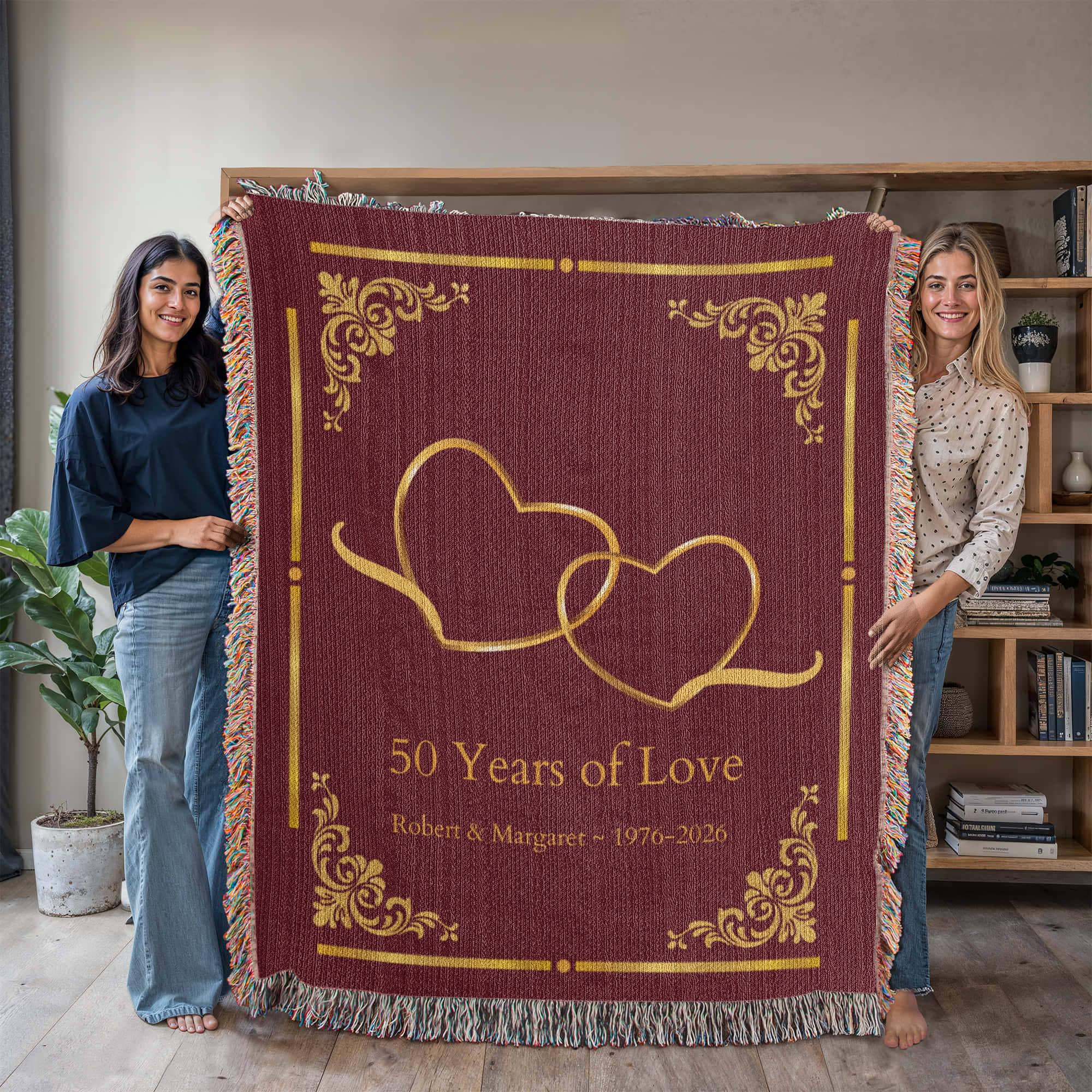 Personalized Anniversary Blanket | Custom Names &amp; Years | Heirloom Cotton Throw | Wedding Milestone Gift | 50th Anniversary