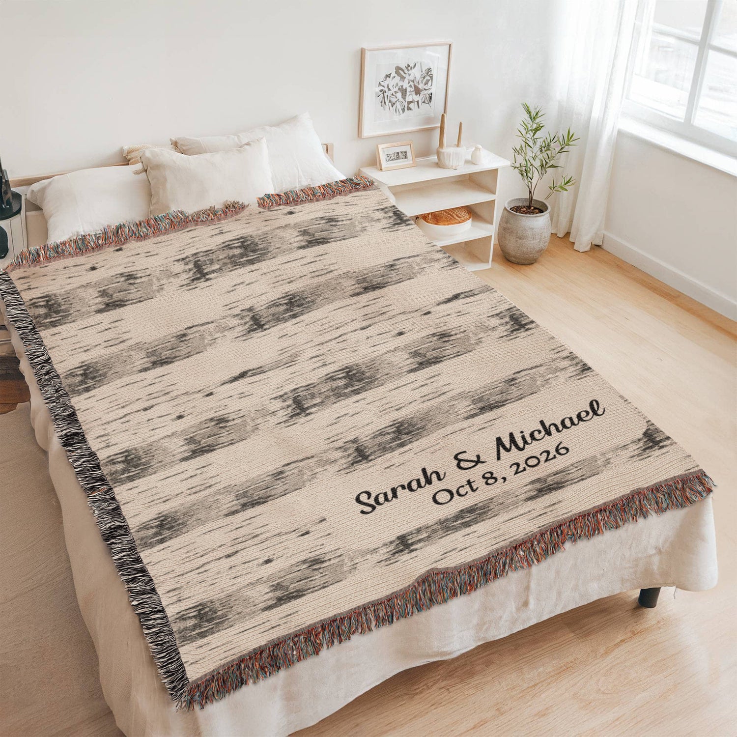 Custom Birchwood Blanket | Personalized Names &amp; Date Throw | Lodge Cabin Gift | Rustic Wedding Heirloom | Nature Woven Blanket | Couple Gift