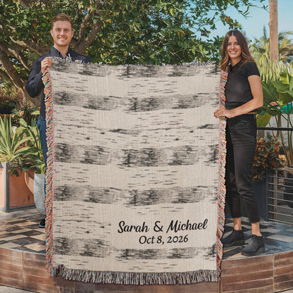 Custom Birchwood Blanket | Personalized Names &amp; Date Throw | Lodge Cabin Gift | Rustic Wedding Heirloom | Nature Woven Blanket | Couple Gift