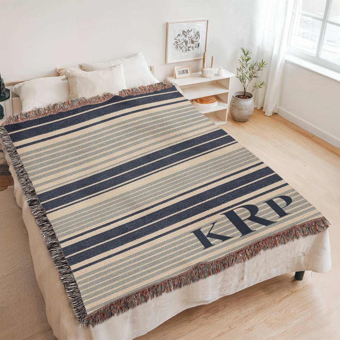 Monogram Beach House Blanket Gift | Custom Initials Striped Coastal Throw