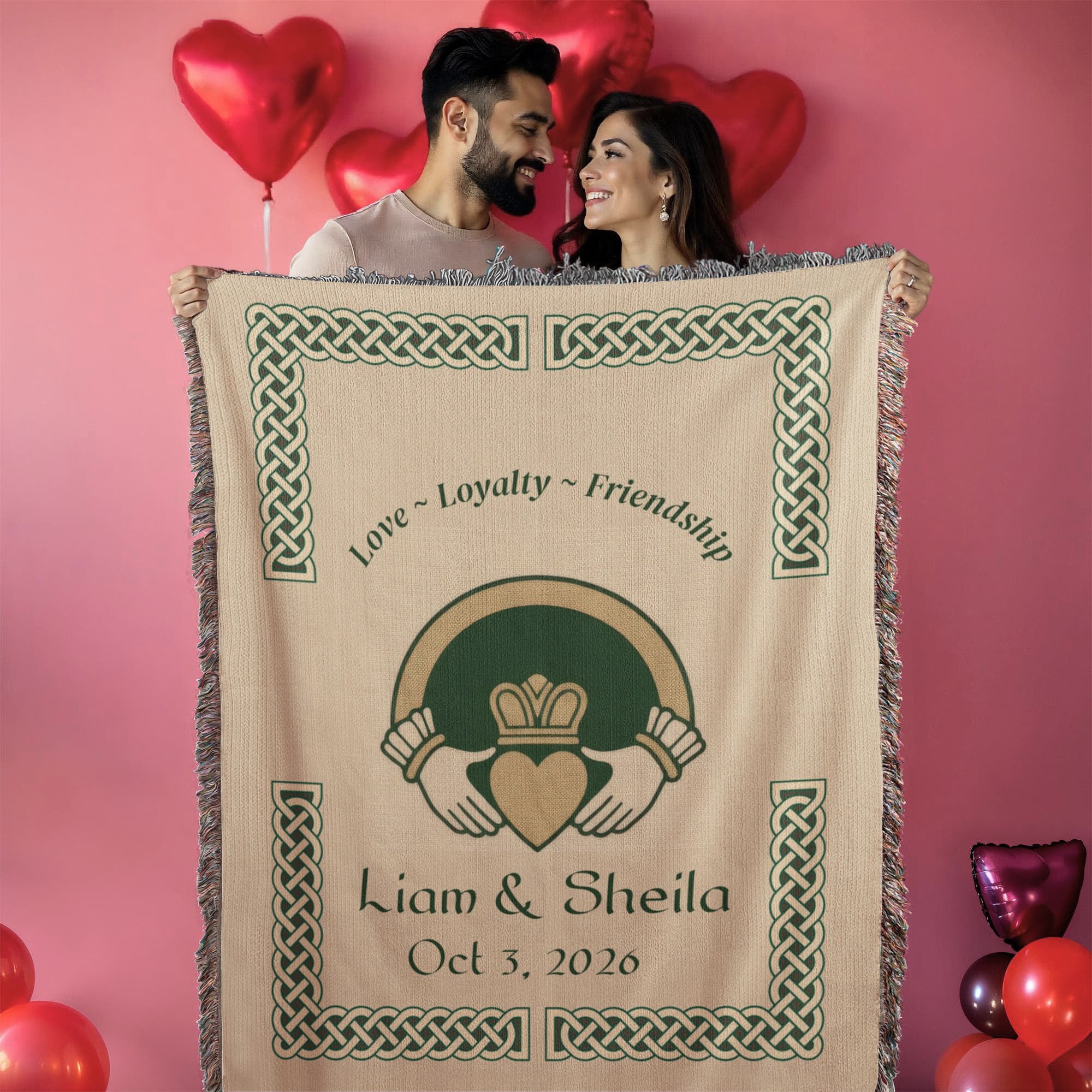 Irish Claddagh Blanket | Personalized Couple Names &amp; Date | Celtic Knot Cotton Throw | Heritage Wedding Gift | Heirloom Woven Irish Blanket